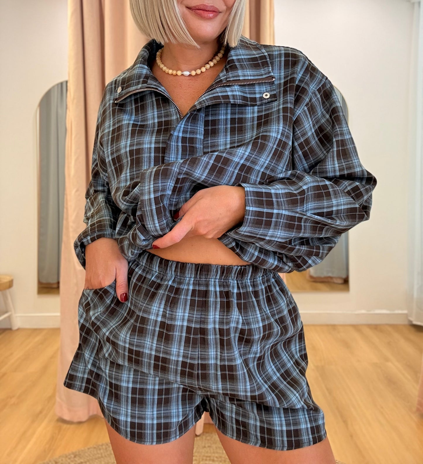 By Frankie/ Marlo Bomber Short Set- sky Chocolate Plaid