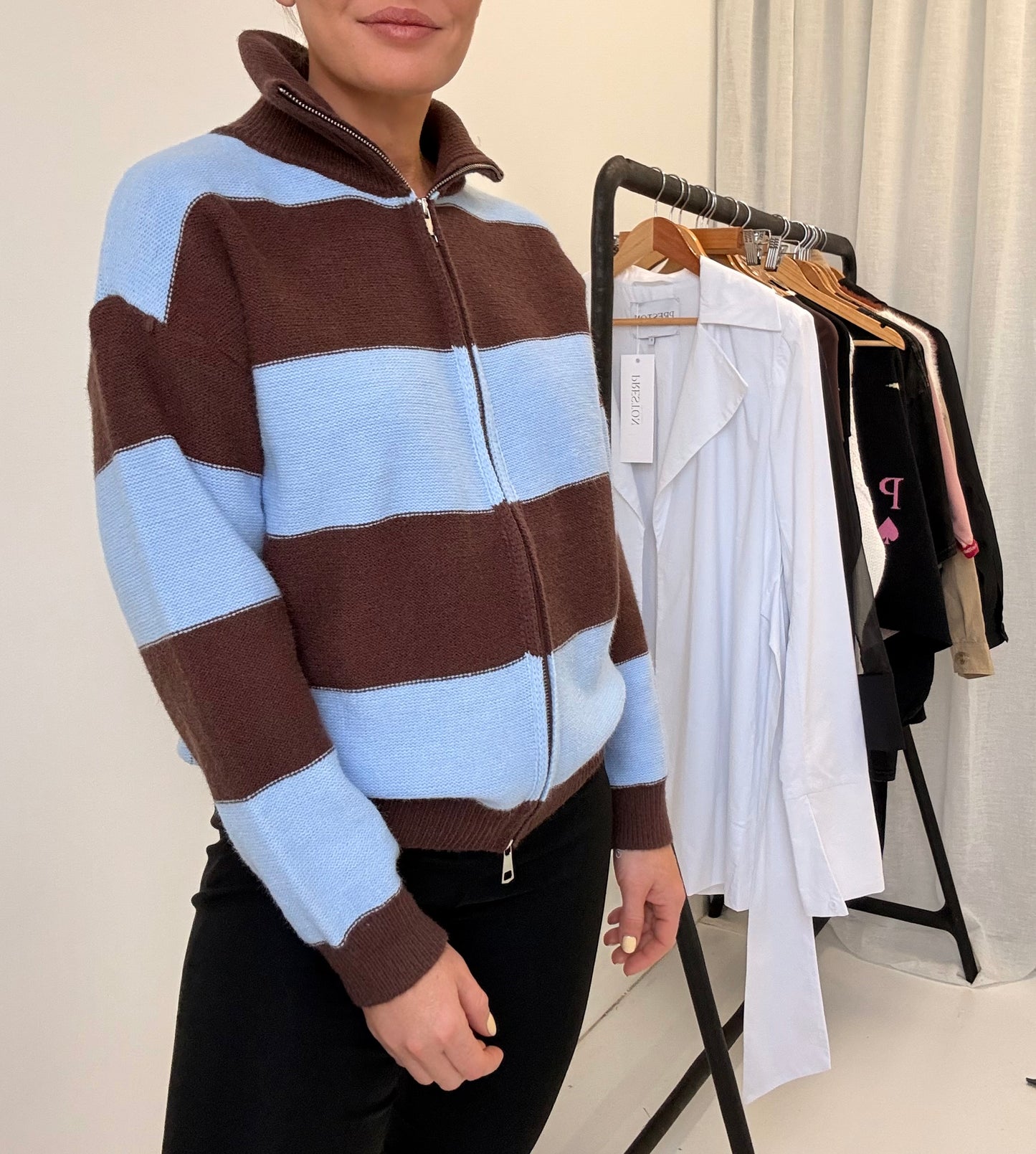 By Frankie/ Funnel Neck Zip Knit- Choc- Sky