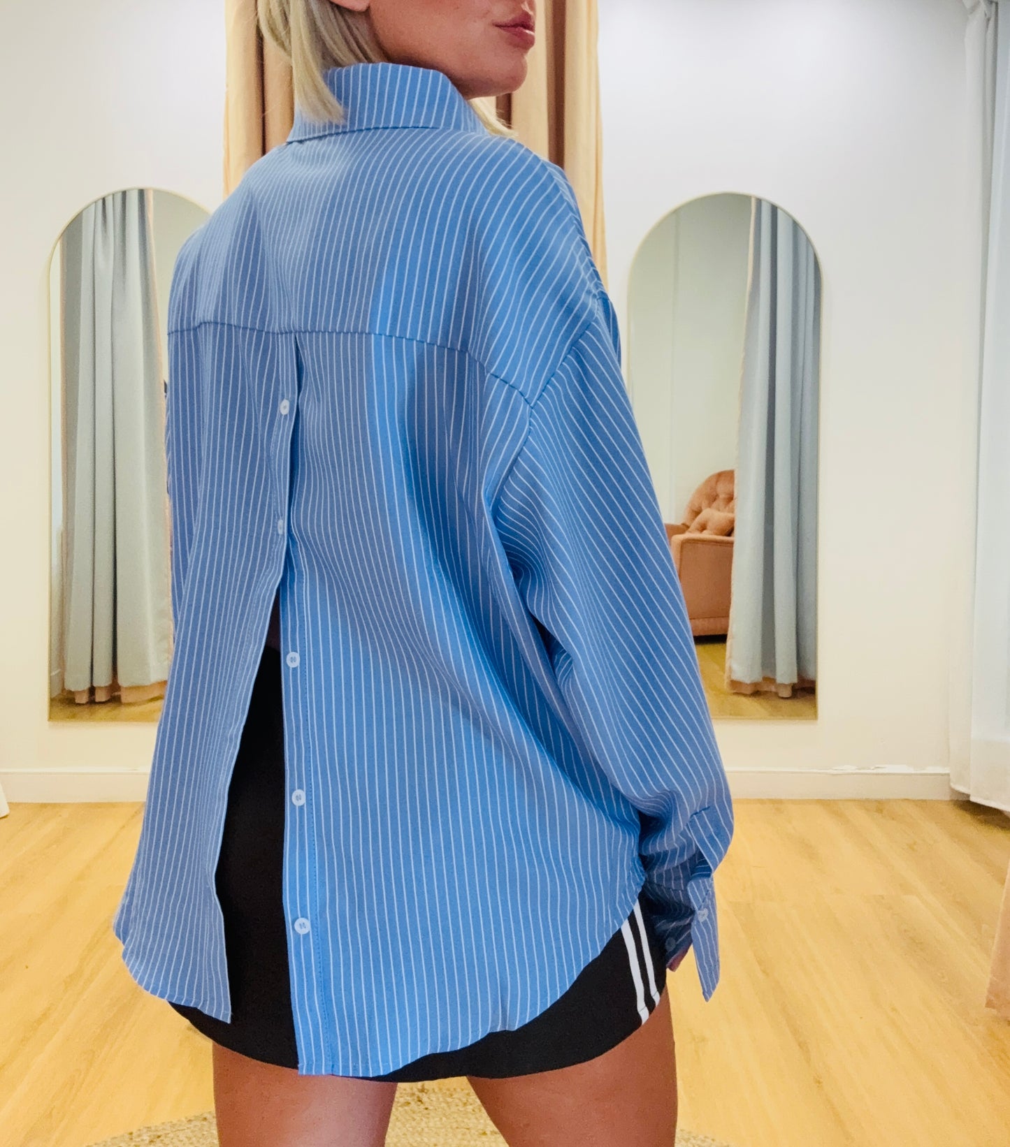 Alice Pinstriped Button Detail Shirt- Sky Blue