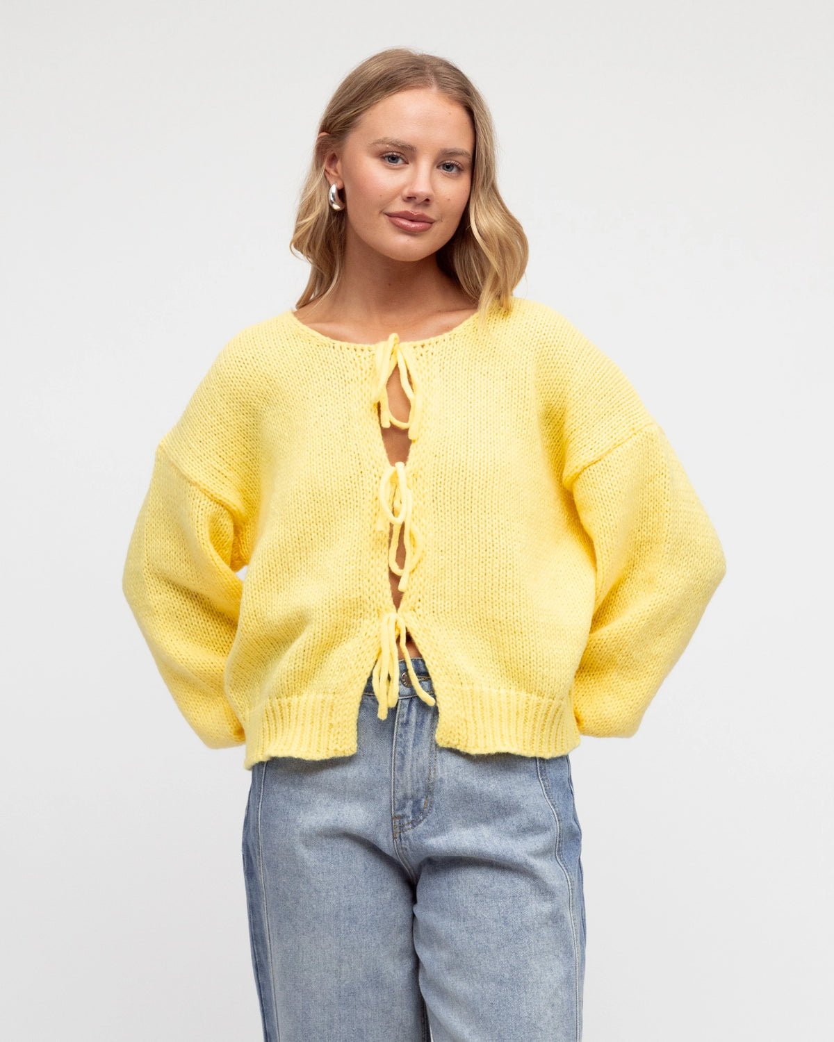 BALLOONING LONG SLEEVE TIE KNIT CARDIGAN- LEMON