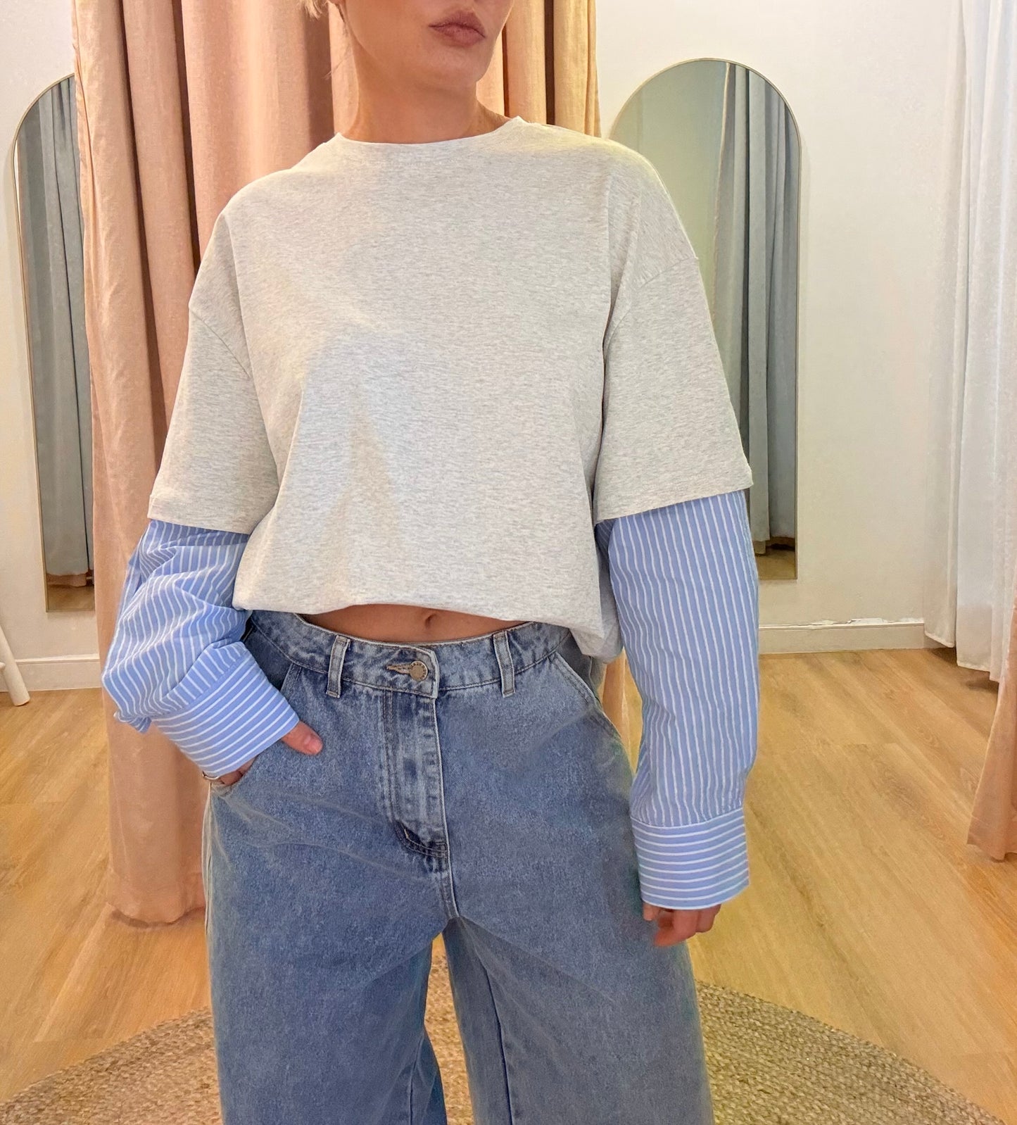By Frankie/ Hallie Long sleeve- Grey/Blue Pinstriped