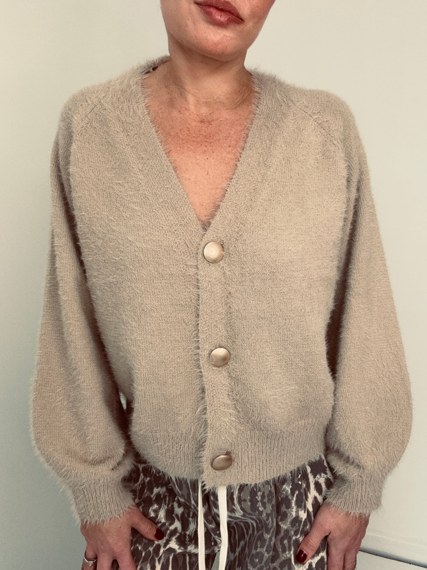 Sasha fluffy knit cardigan/ Nude