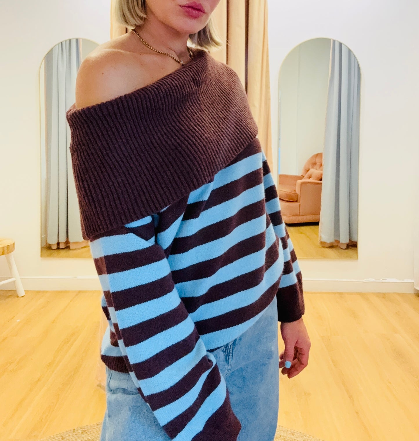 By Frankie/ Off Shoulder Knit- Blue/Chocolate