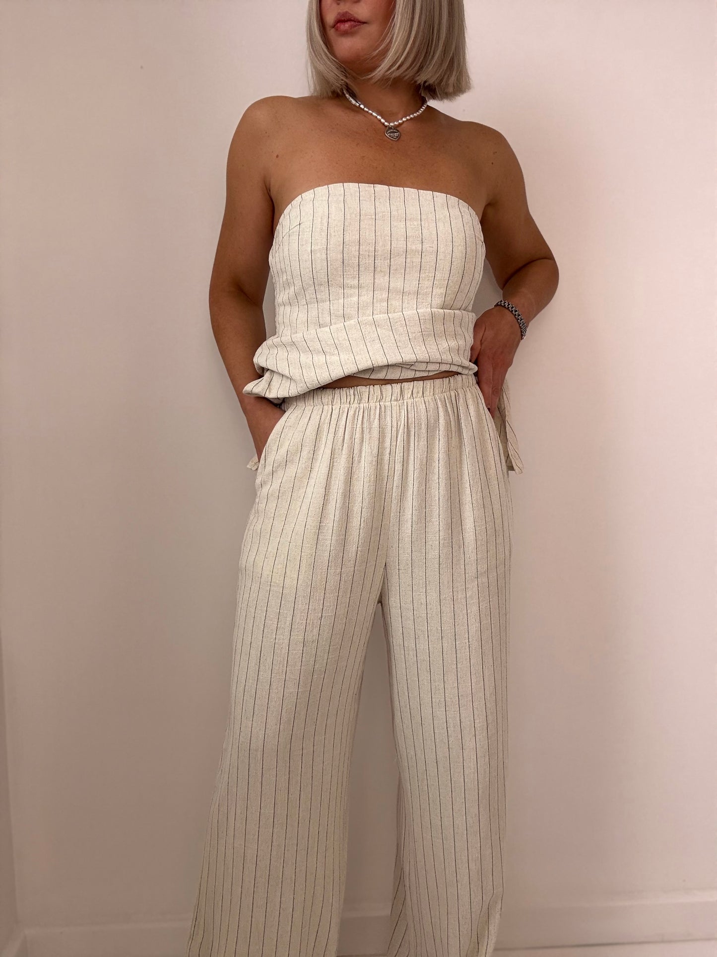 Hazel Pant Set- Cream pinstripe