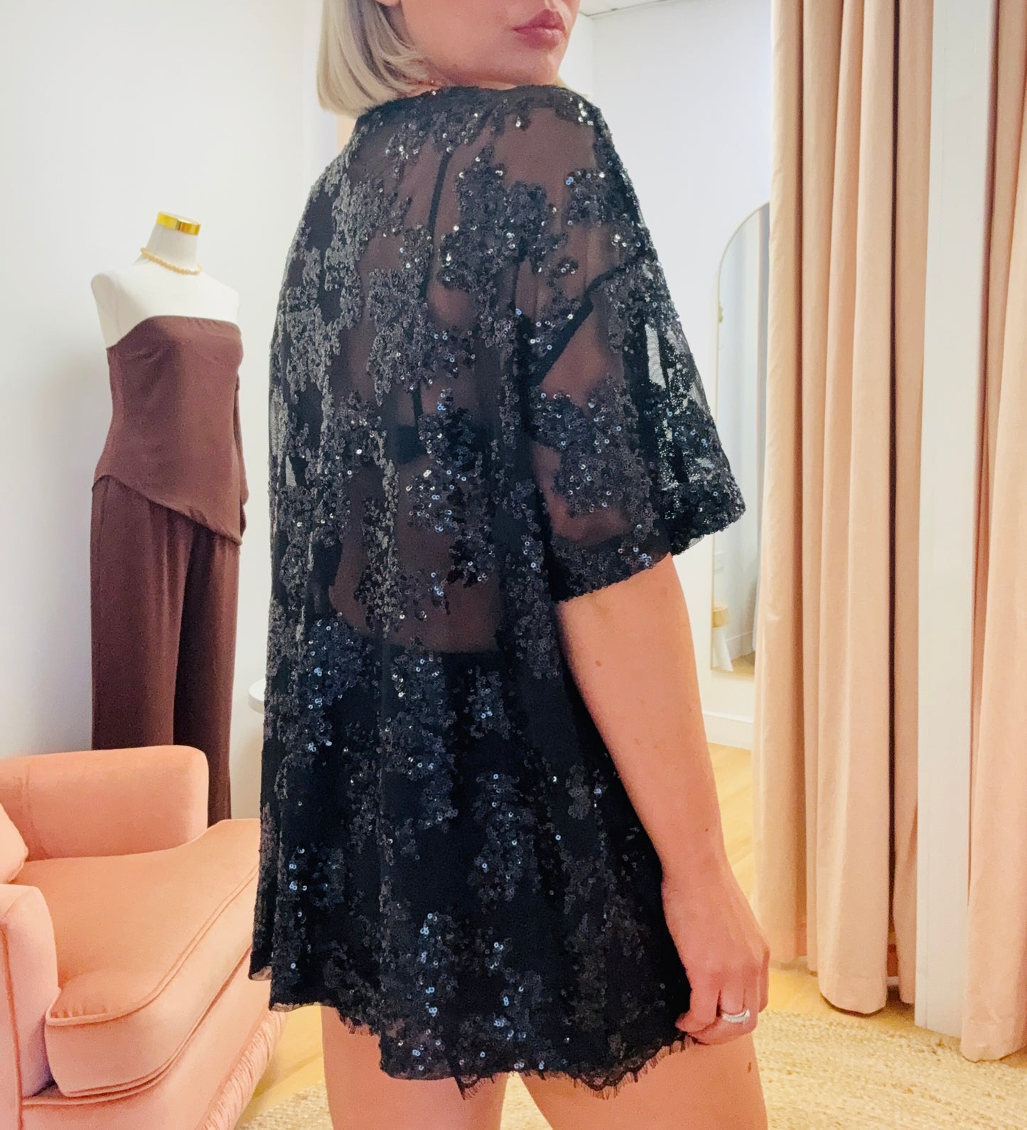 By Frankie/ Sequin Flower Oversized Tee- Black