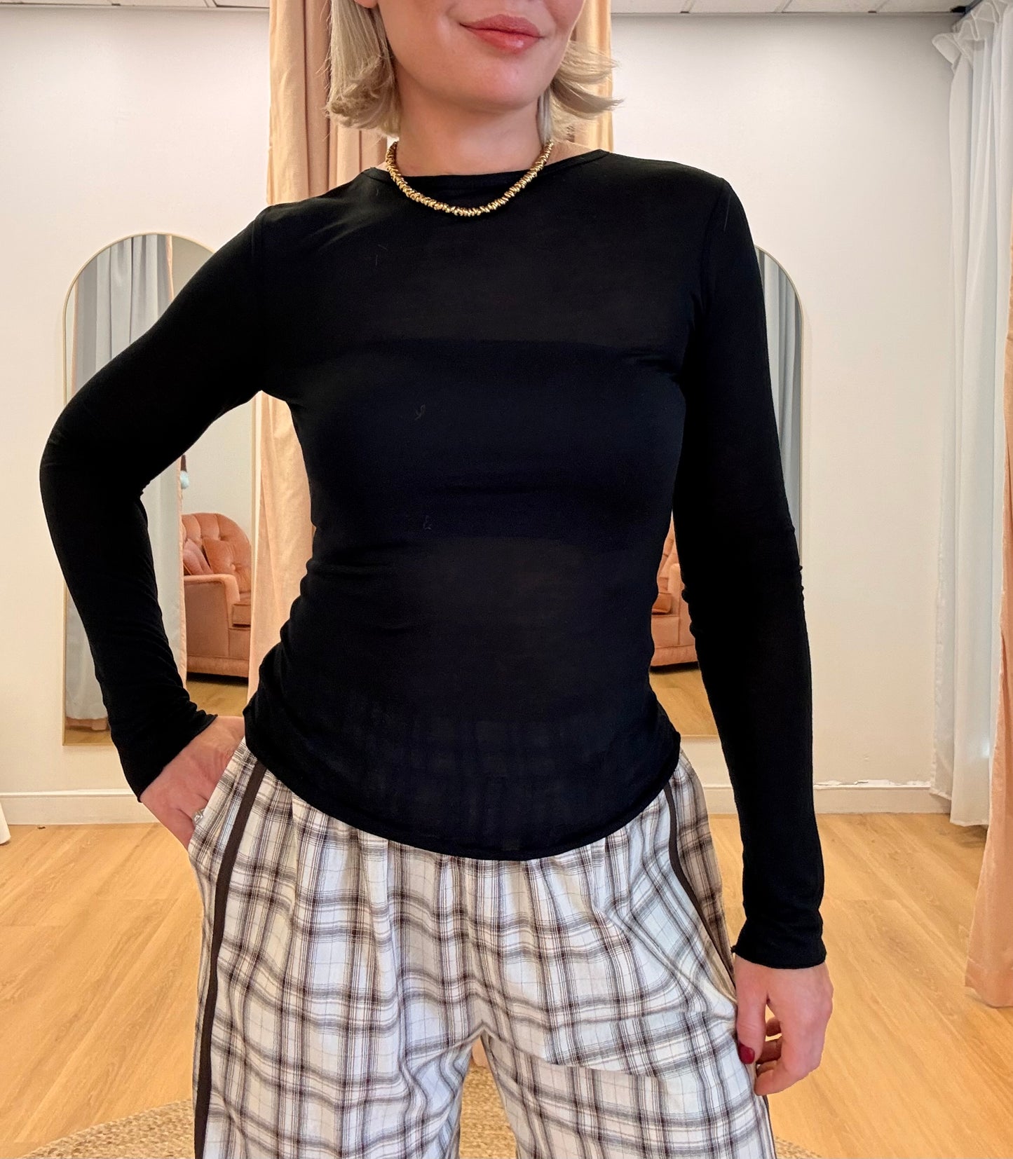Sofia Sheer Long Sleeve Top- Black