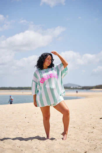 HIBISCUS HOTEL- Vacanza Mint + White Stripe Knit Tee