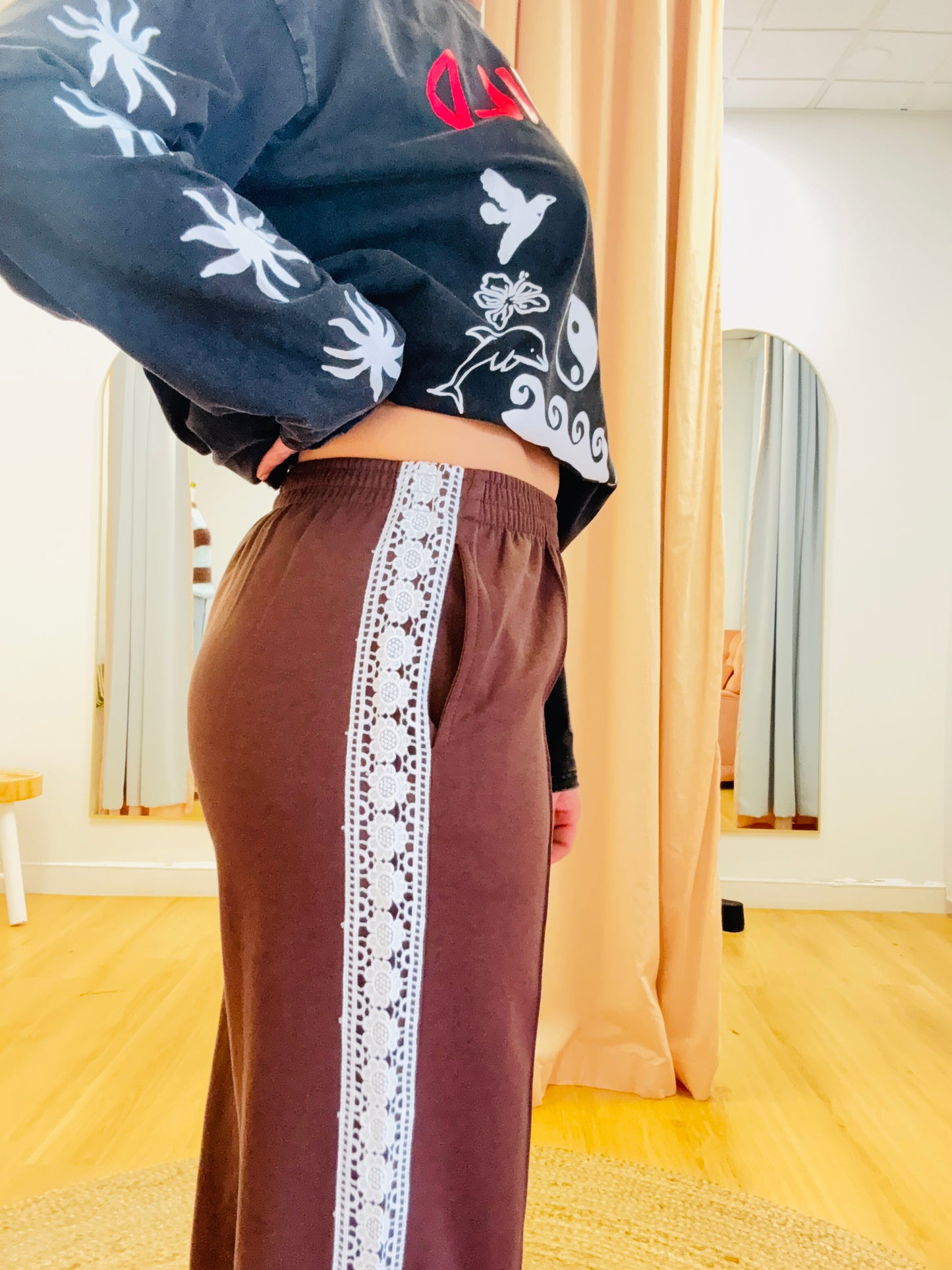 By Frankie/ Pleated Racer Pant- Chocolate / White lace Racer
