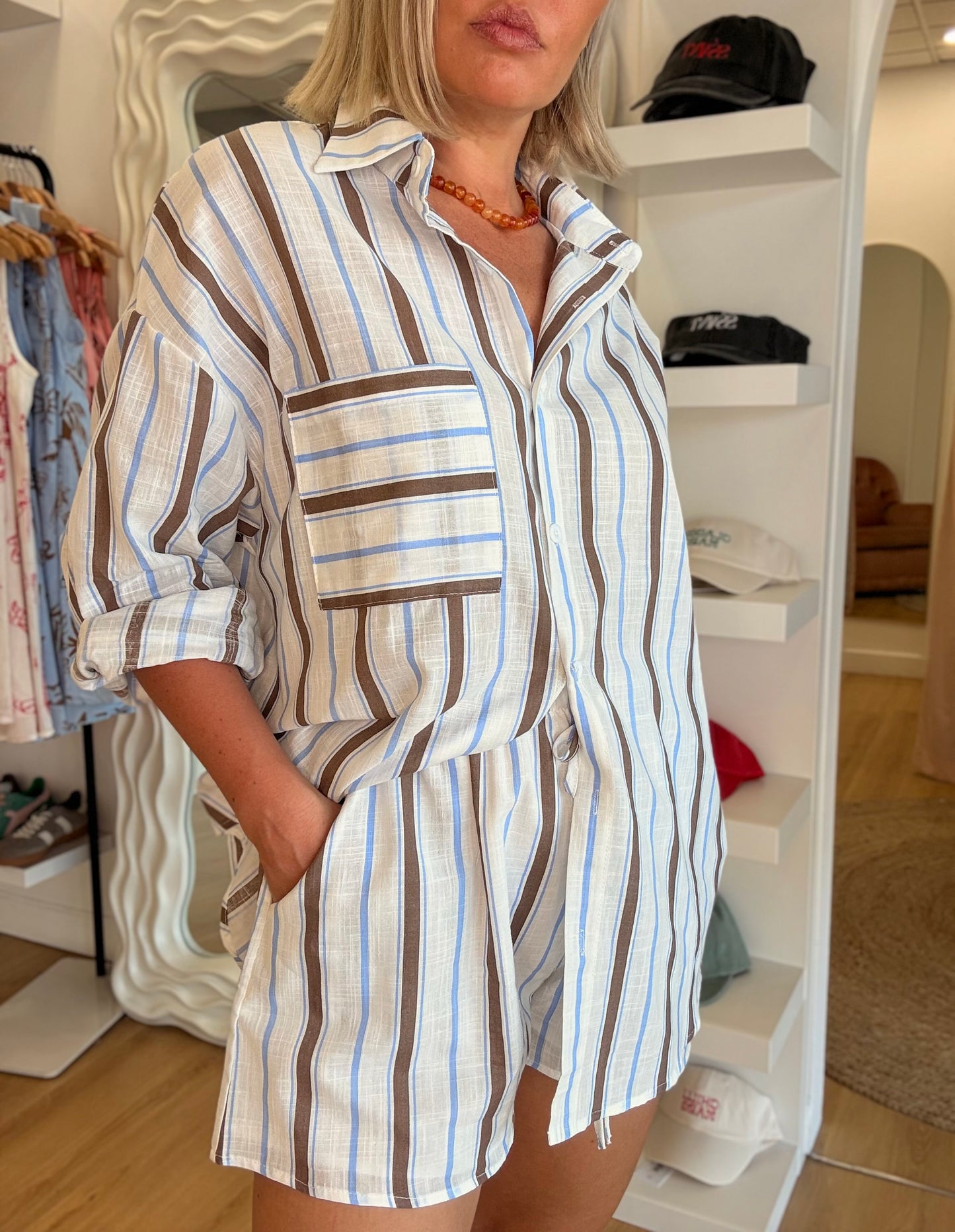 By Frankie/ Amara Short Set- Sky Mocha Stripe