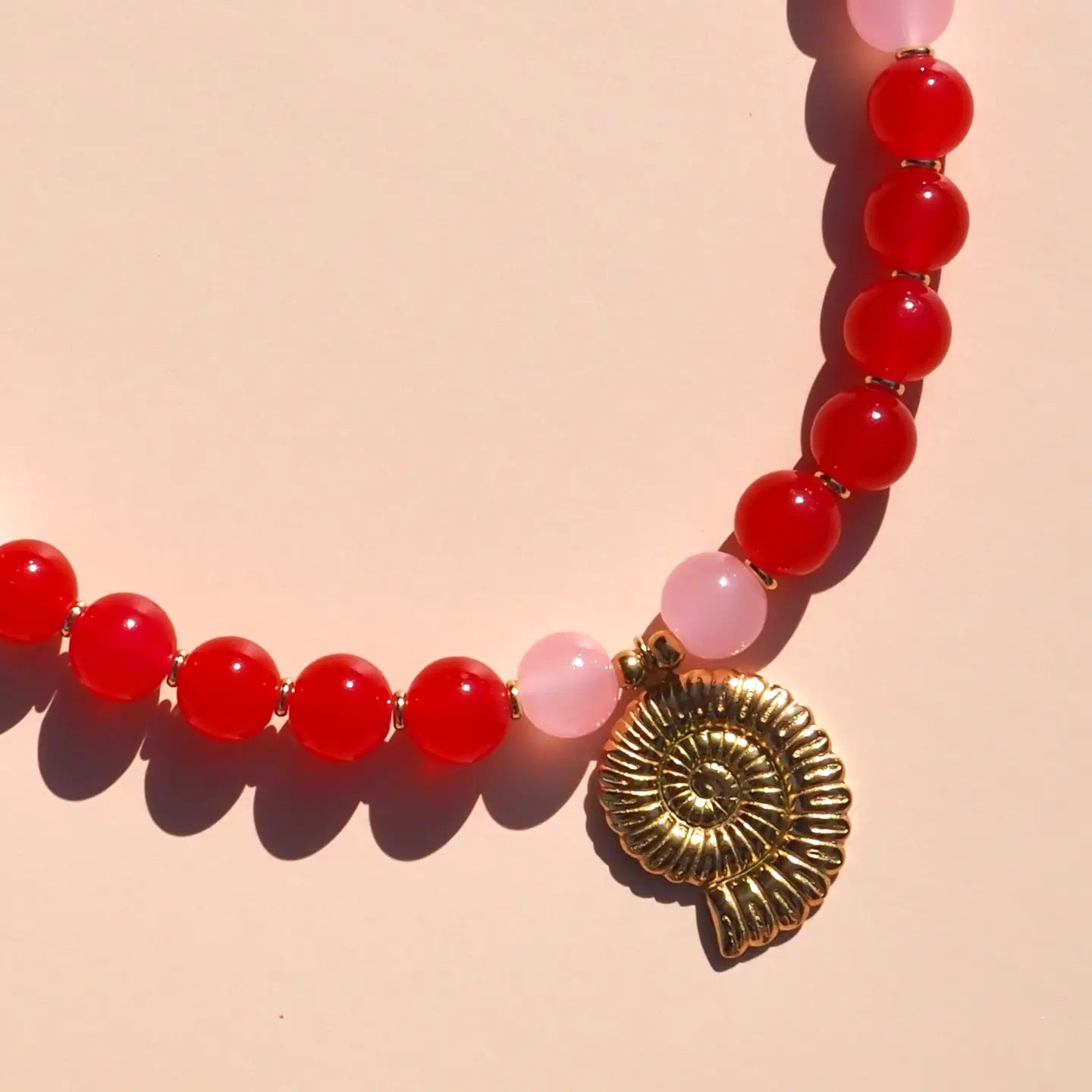 Alesi-Spiral Shell Red & Pink Beaded Necklace