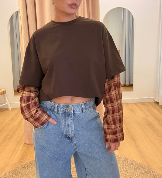 By Frankie/ Hallie Shirt Long Sleeve- Choc/ Burgundy Plaid