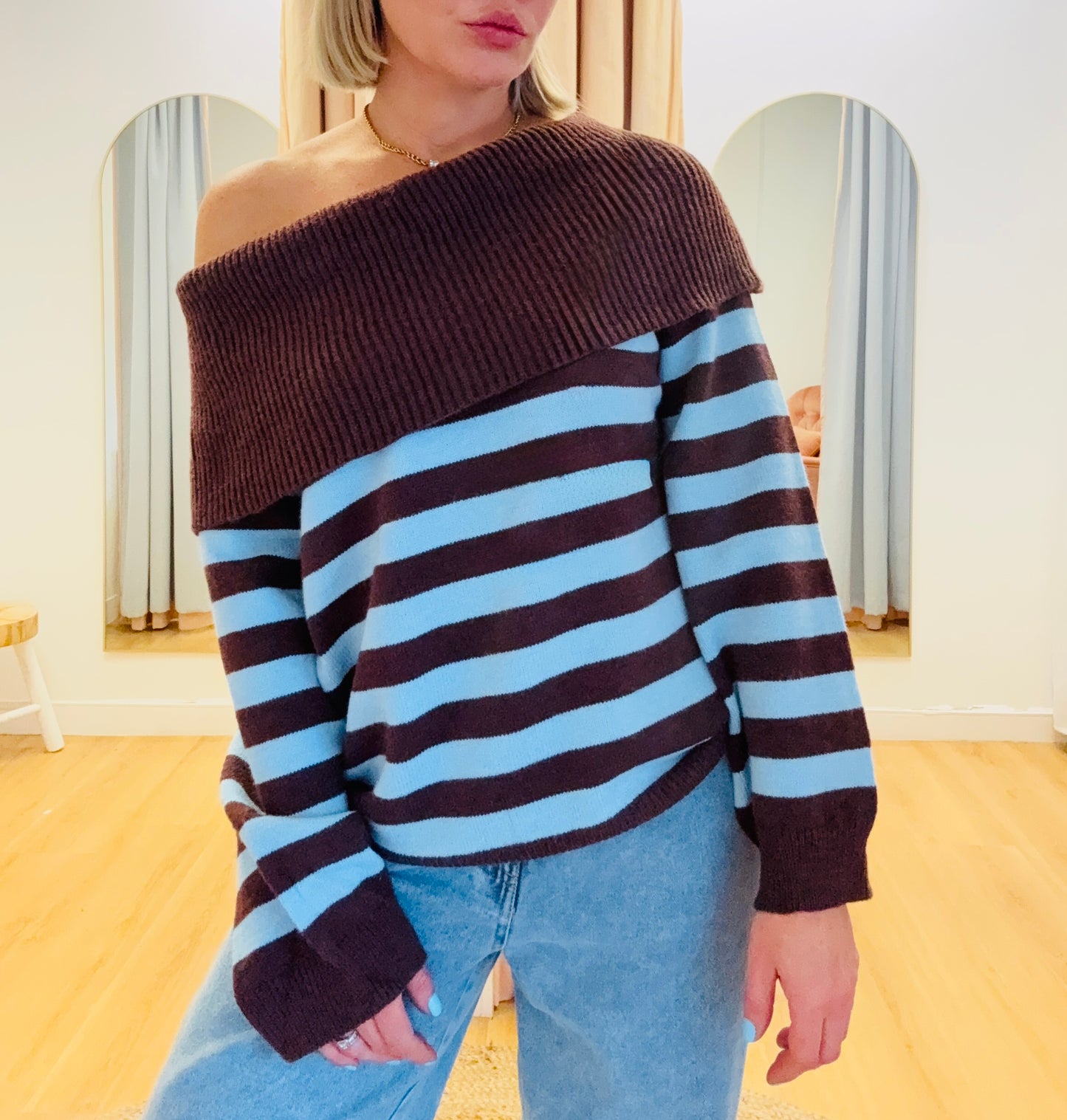 By Frankie/ Off Shoulder Knit- Blue/Chocolate