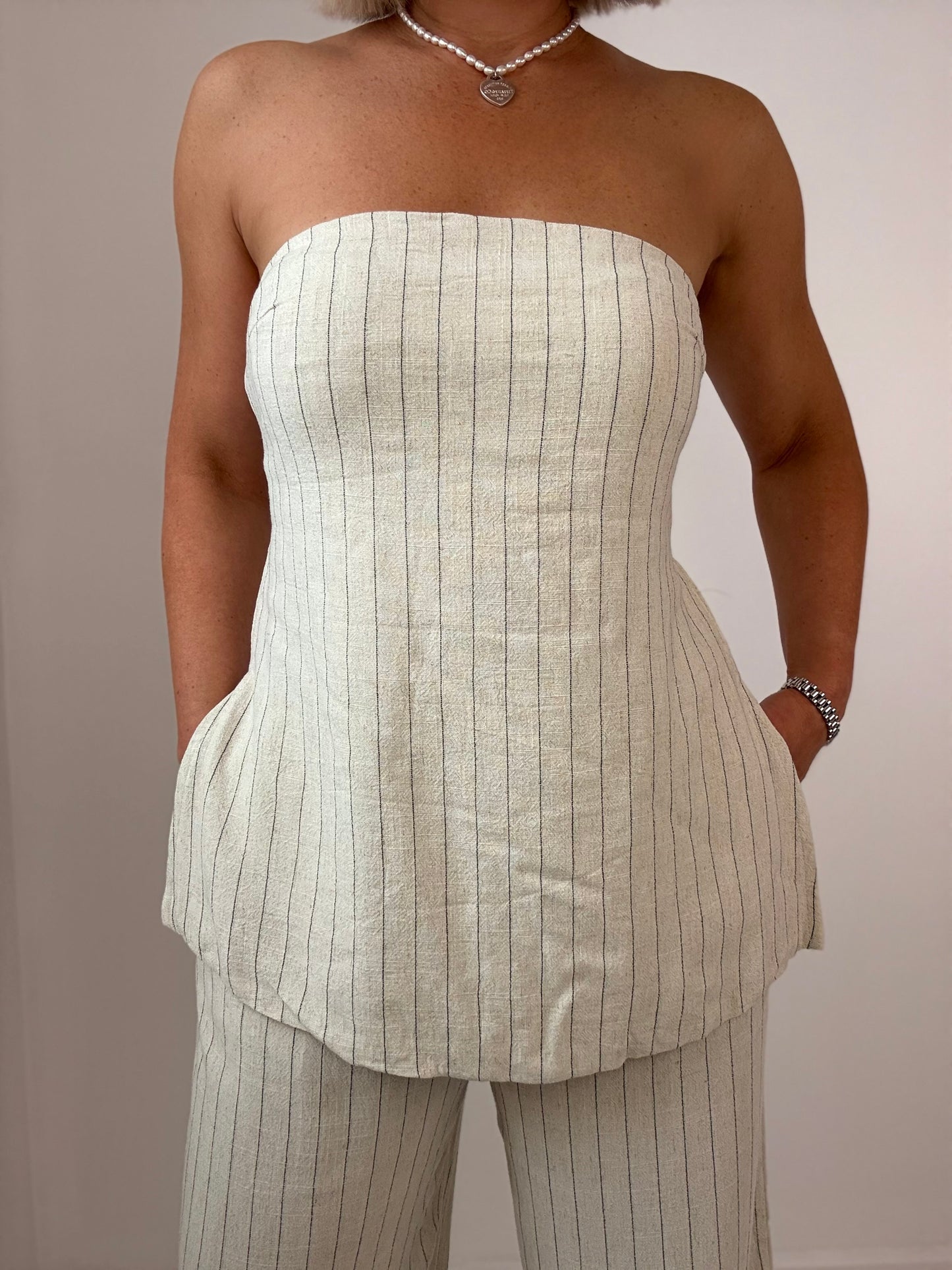Hazel Pant Set- Cream pinstripe