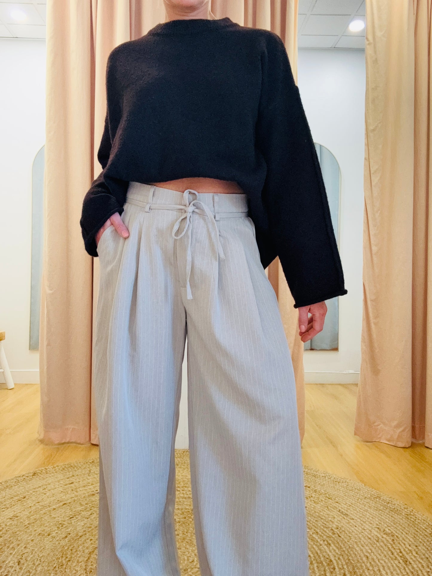 Blair Pleated Wide Leg Pant- Biscuit/White pinstripe