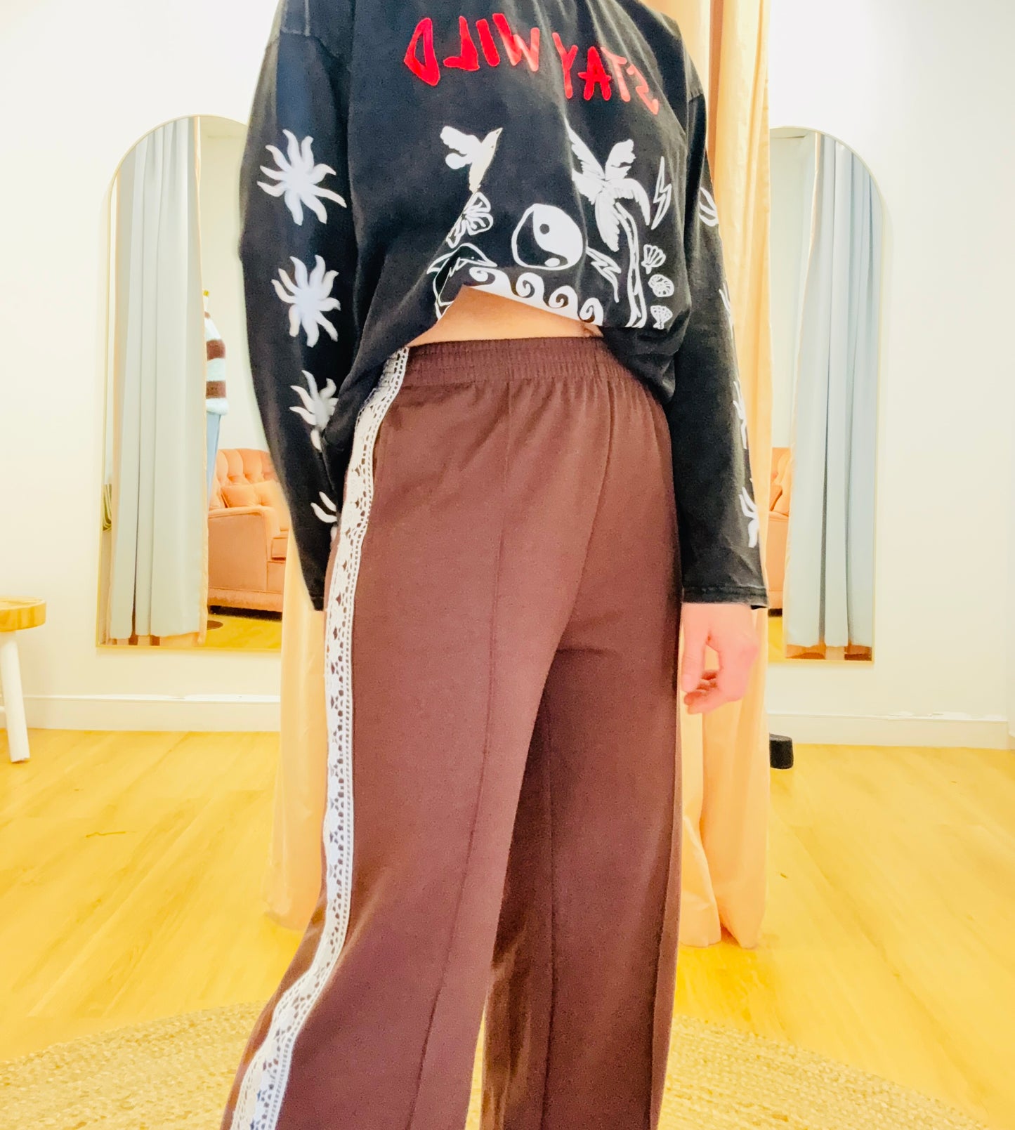 By Frankie/ Pleated Racer Pant- Chocolate / White lace Racer