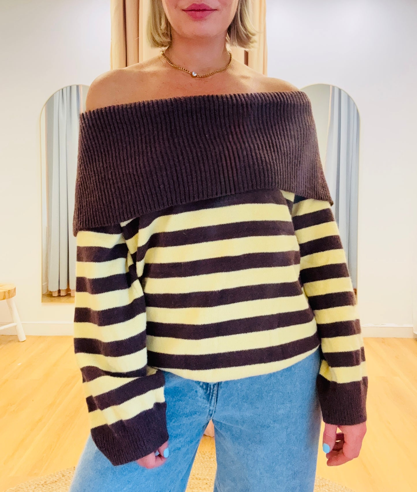 By Frankie/ Off Shoulder Knit- Yellow/Choc