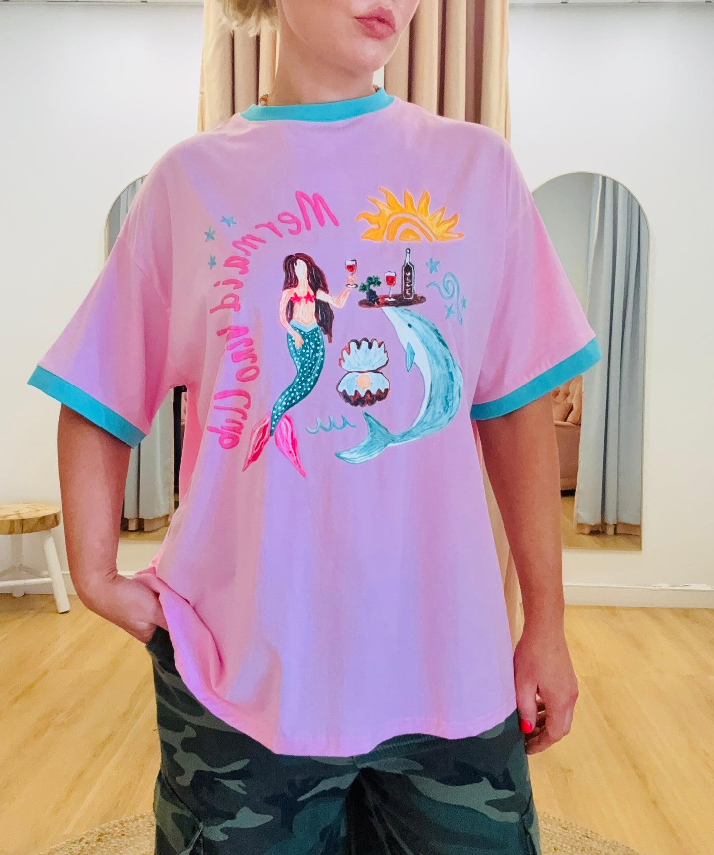 By Frankie/ Vino Club Tee- Pink/ Turquoise