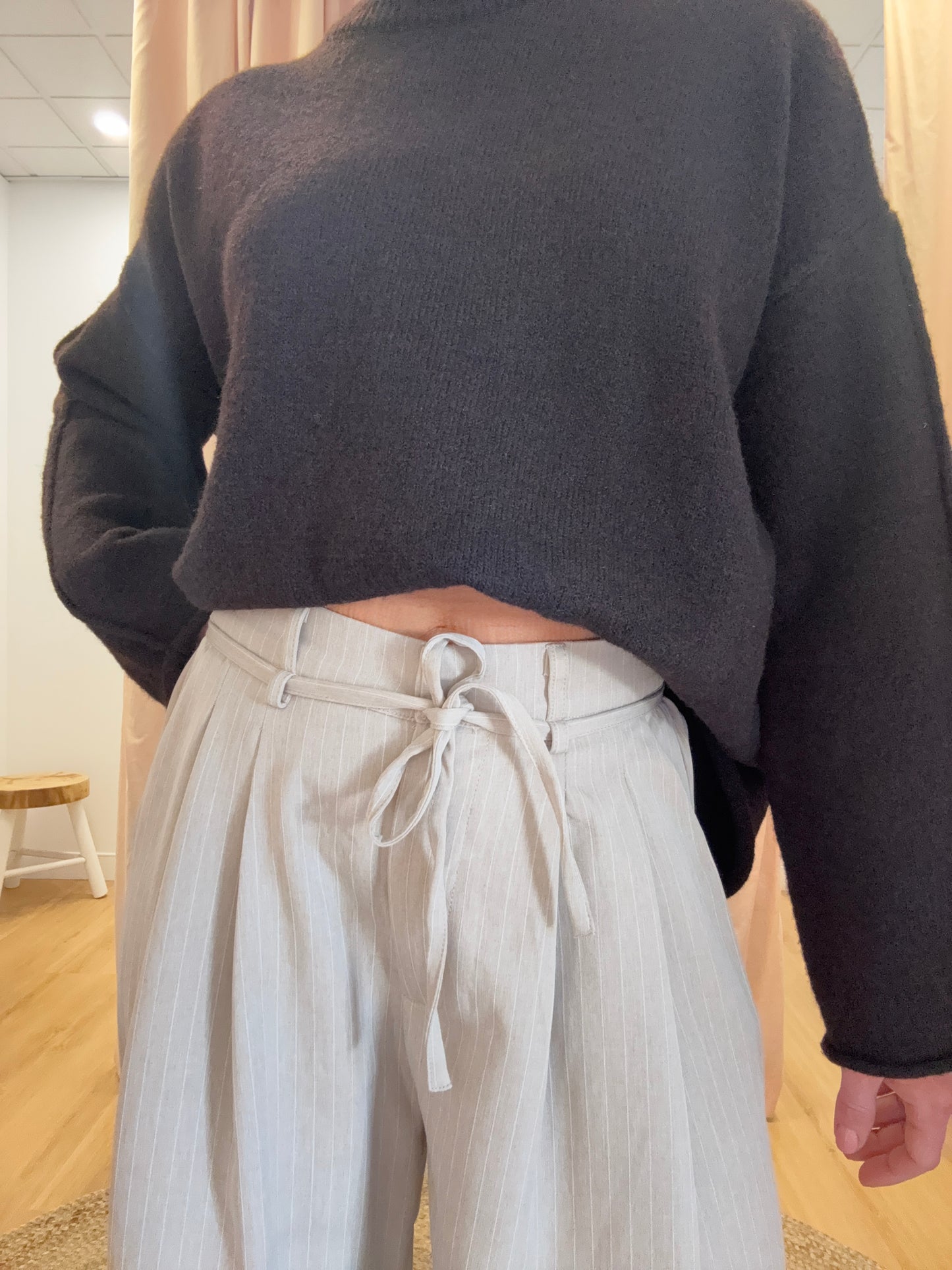 Blair Pleated Wide Leg Pant- Biscuit/White pinstripe