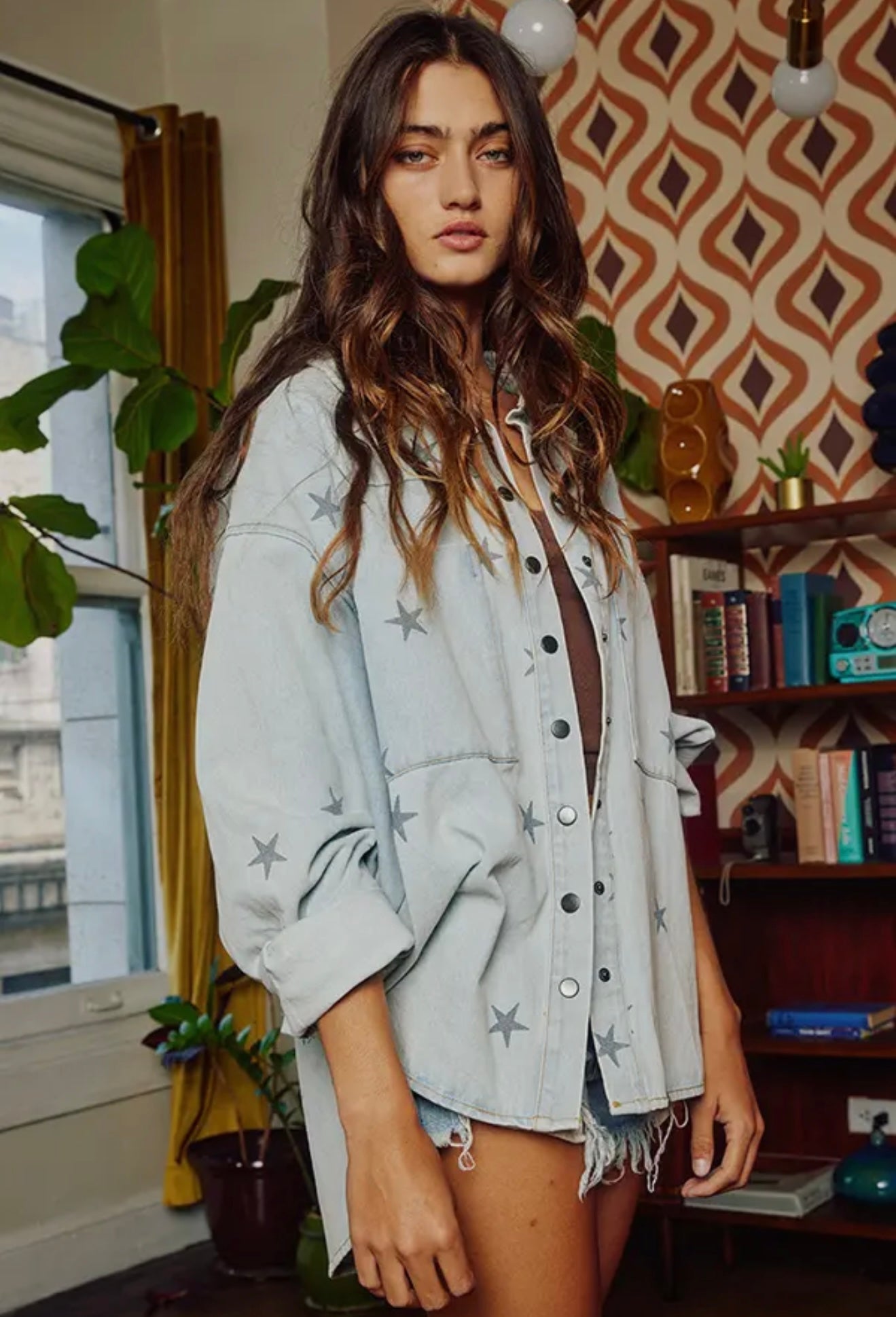 Star Print Denim Washed Shirt Shacket