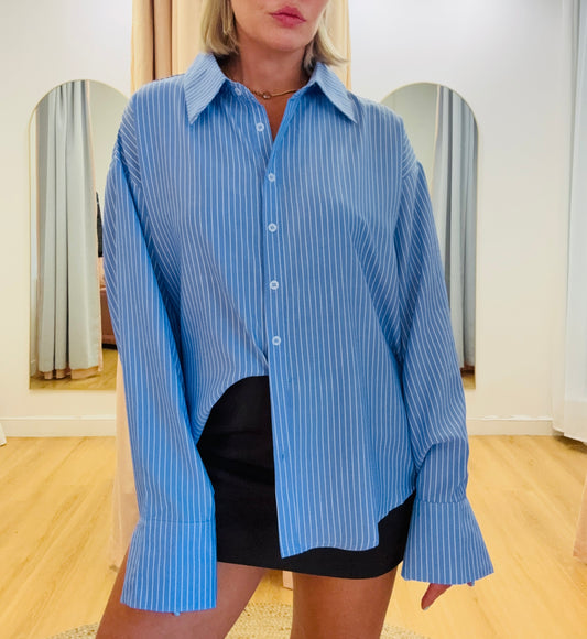 Alice Pinstriped Button Detail Shirt- Sky Blue