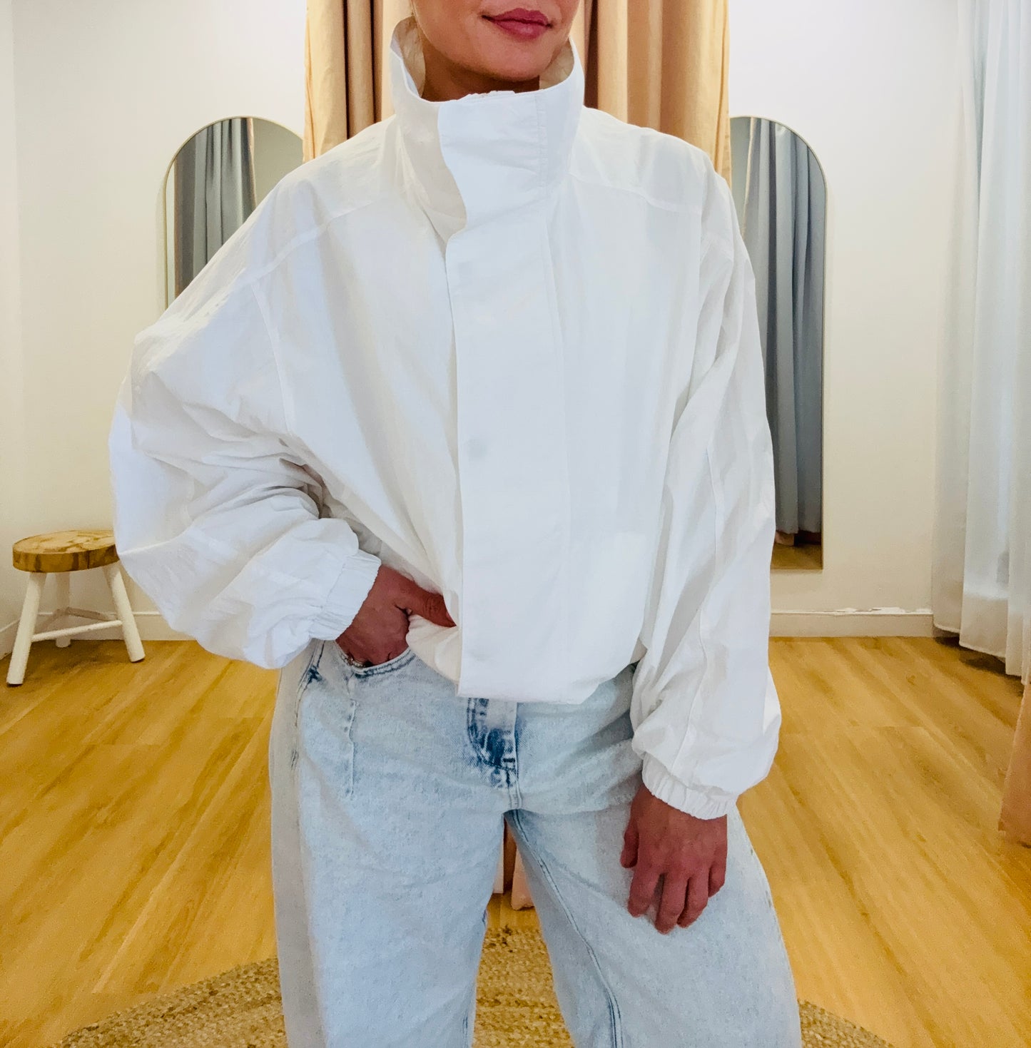 Bowie Funnel Neck Windbreaker Jacket- White