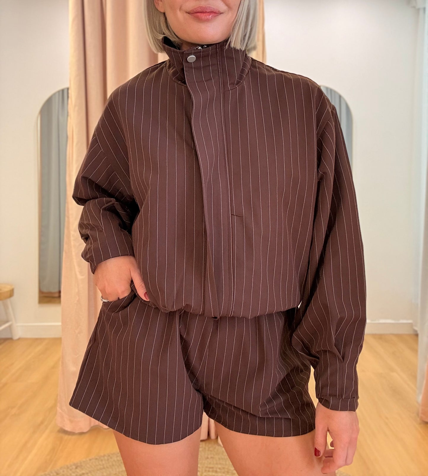 By Frankie / Marlo Bomber Short Set- Chocolate Pinstripe