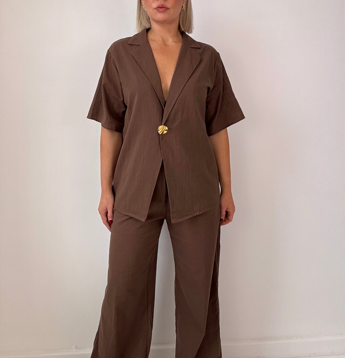 Ava Button Pant Set- chocolate