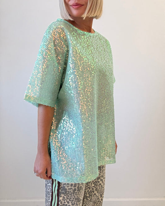 By Frankie/ Sequin Oversized Tee-Mermaid Lime