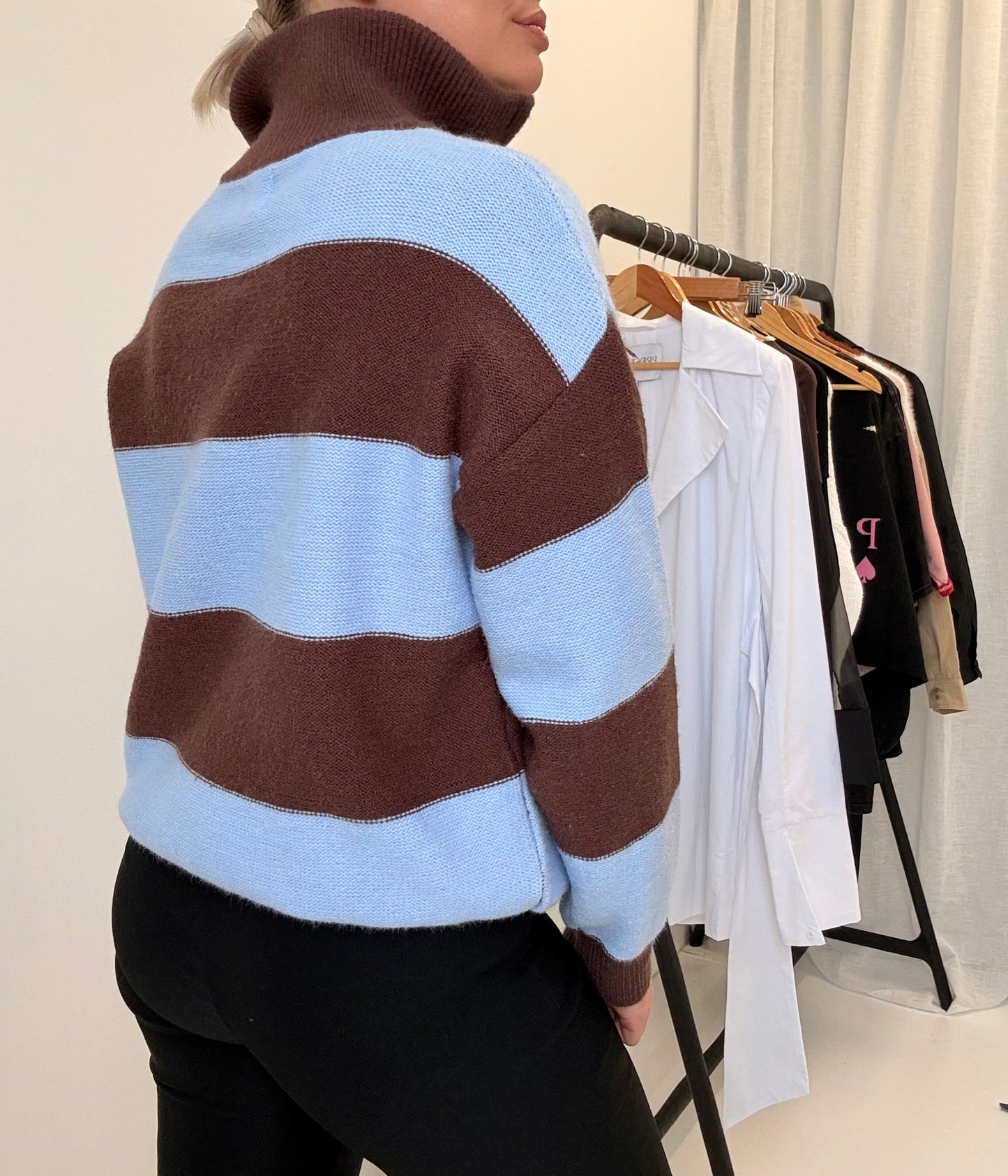 By Frankie/ Funnel Neck Zip Knit- Choc- Sky