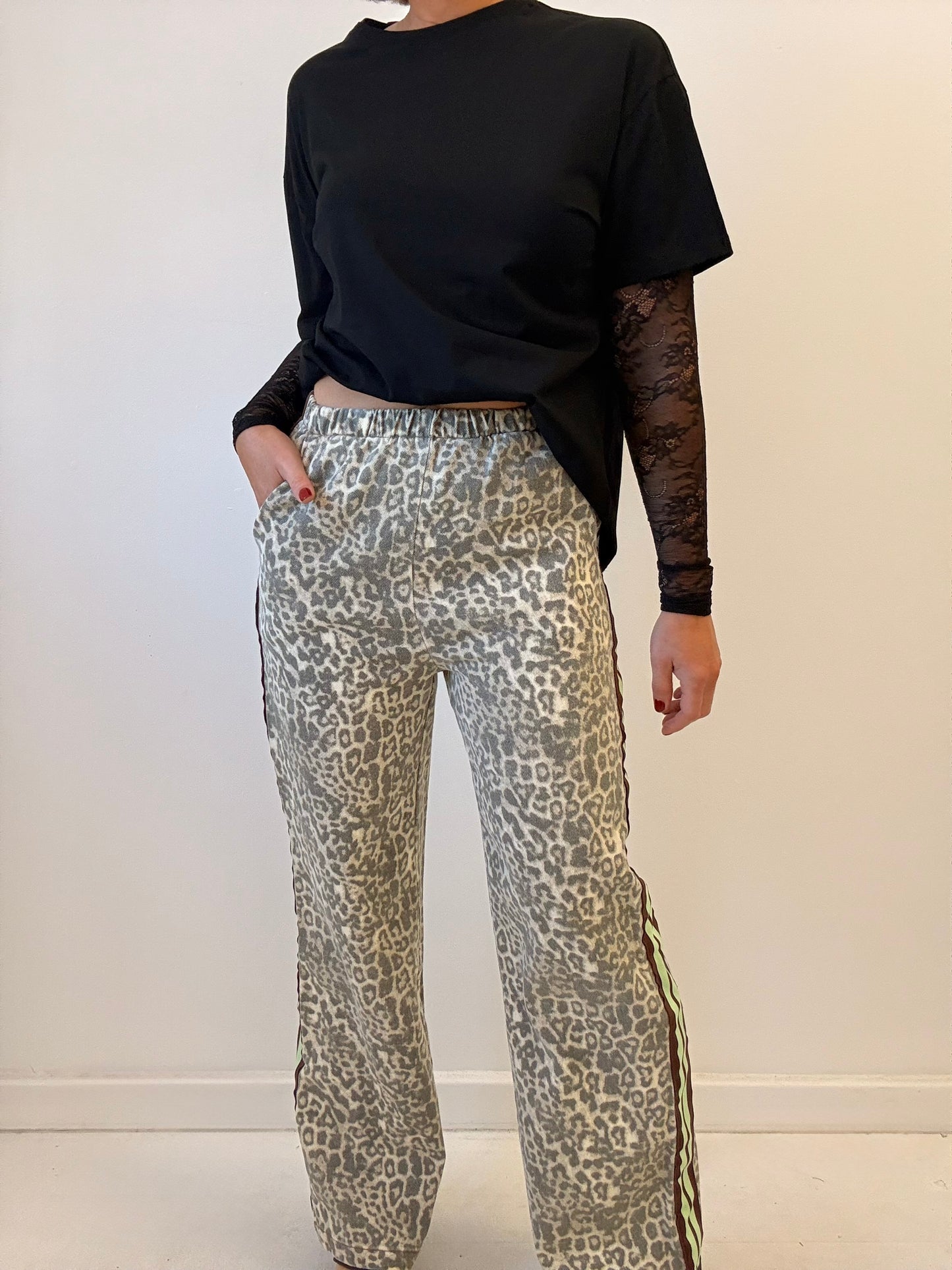 By Frankie / Denim Leopard Racer Pant- Lime/Choc
