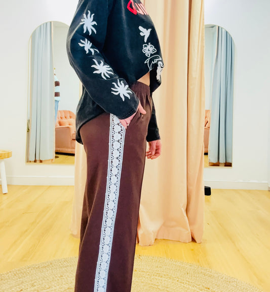 By Frankie/ Pleated Racer Pant- Chocolate / White lace Racer