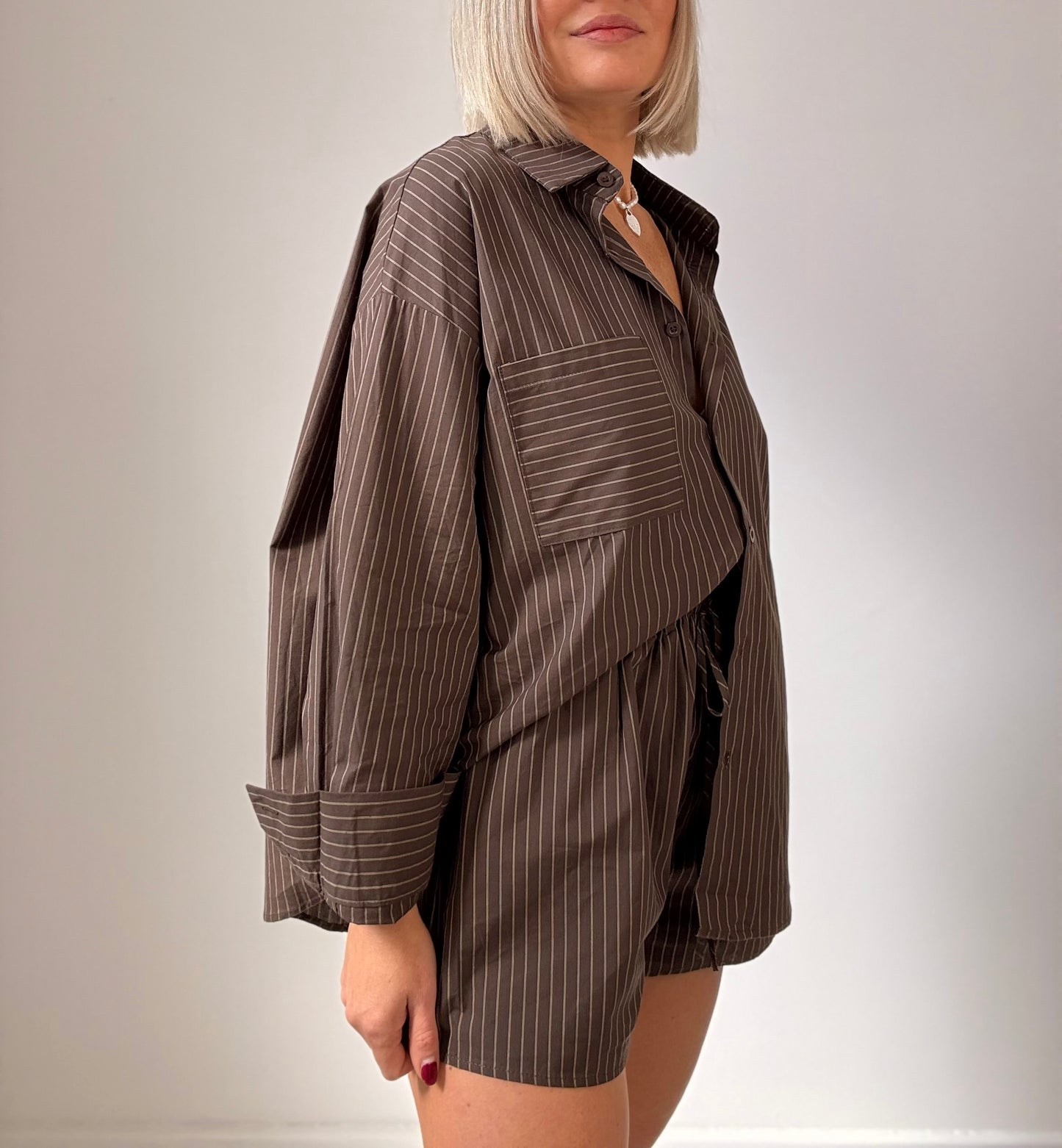 Amara stripe short set- choc/pinstripe
