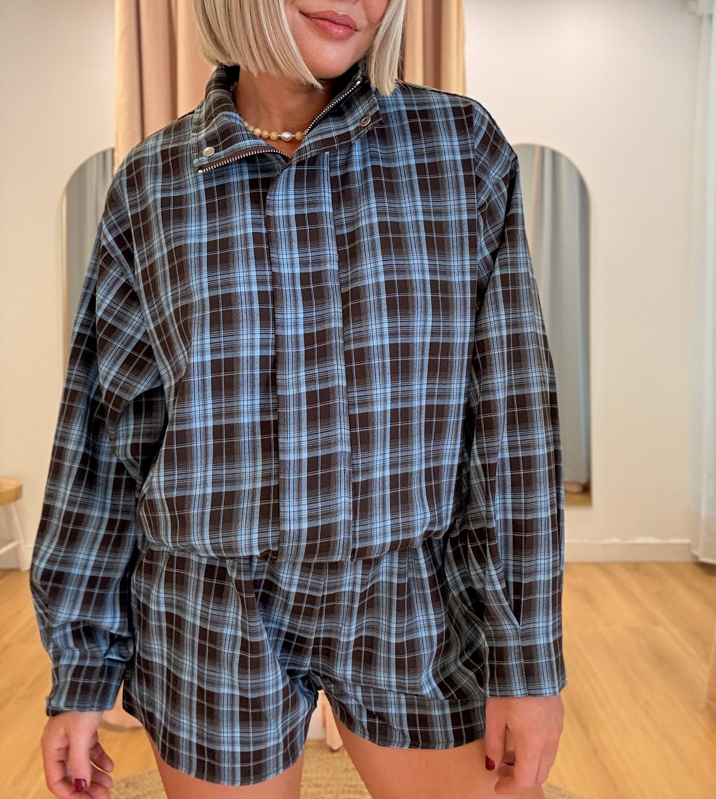 By Frankie/ Marlo Bomber Short Set- sky Chocolate Plaid