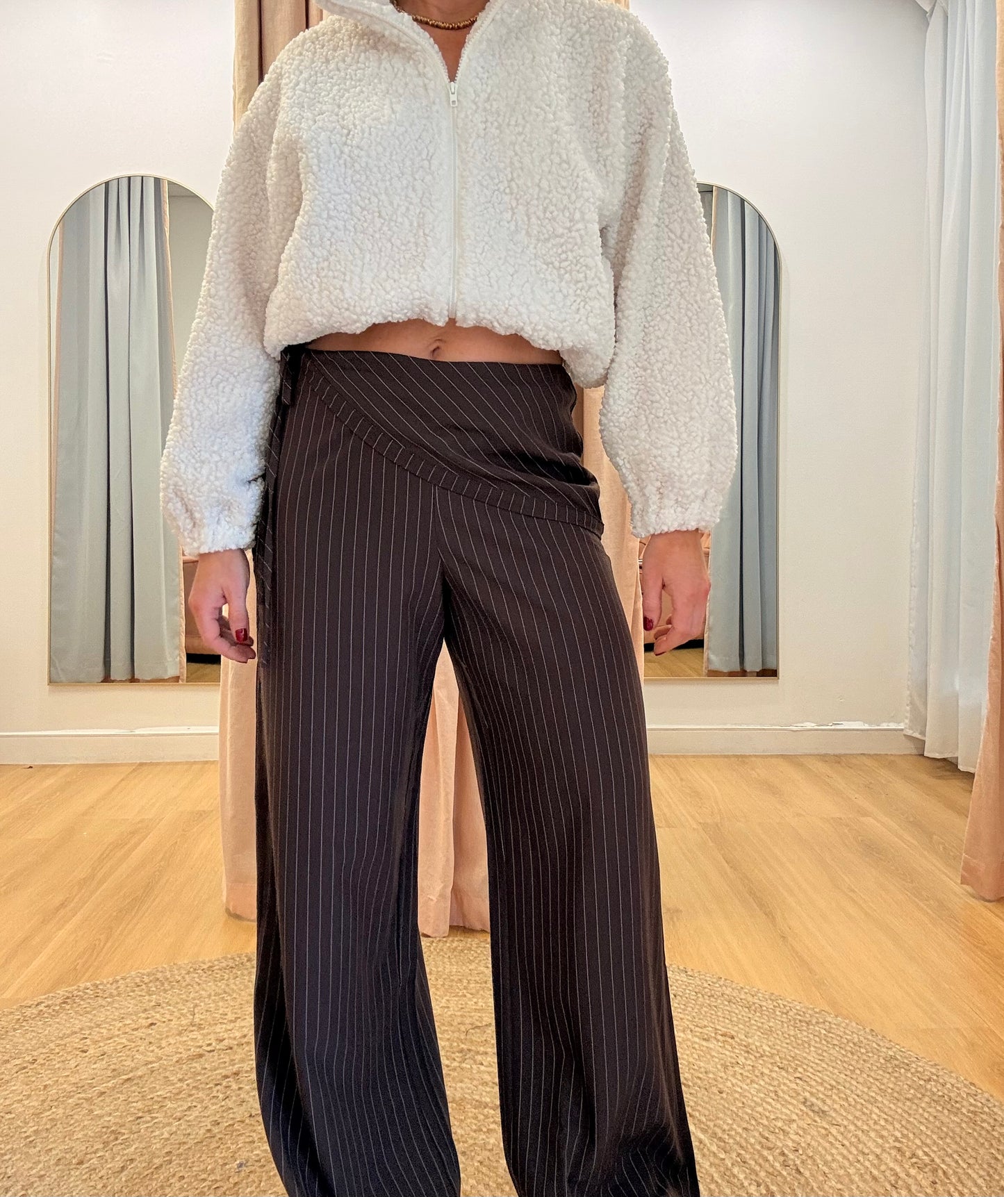 Eve Asymmetrical Pant- Chocolate Pinstripe
