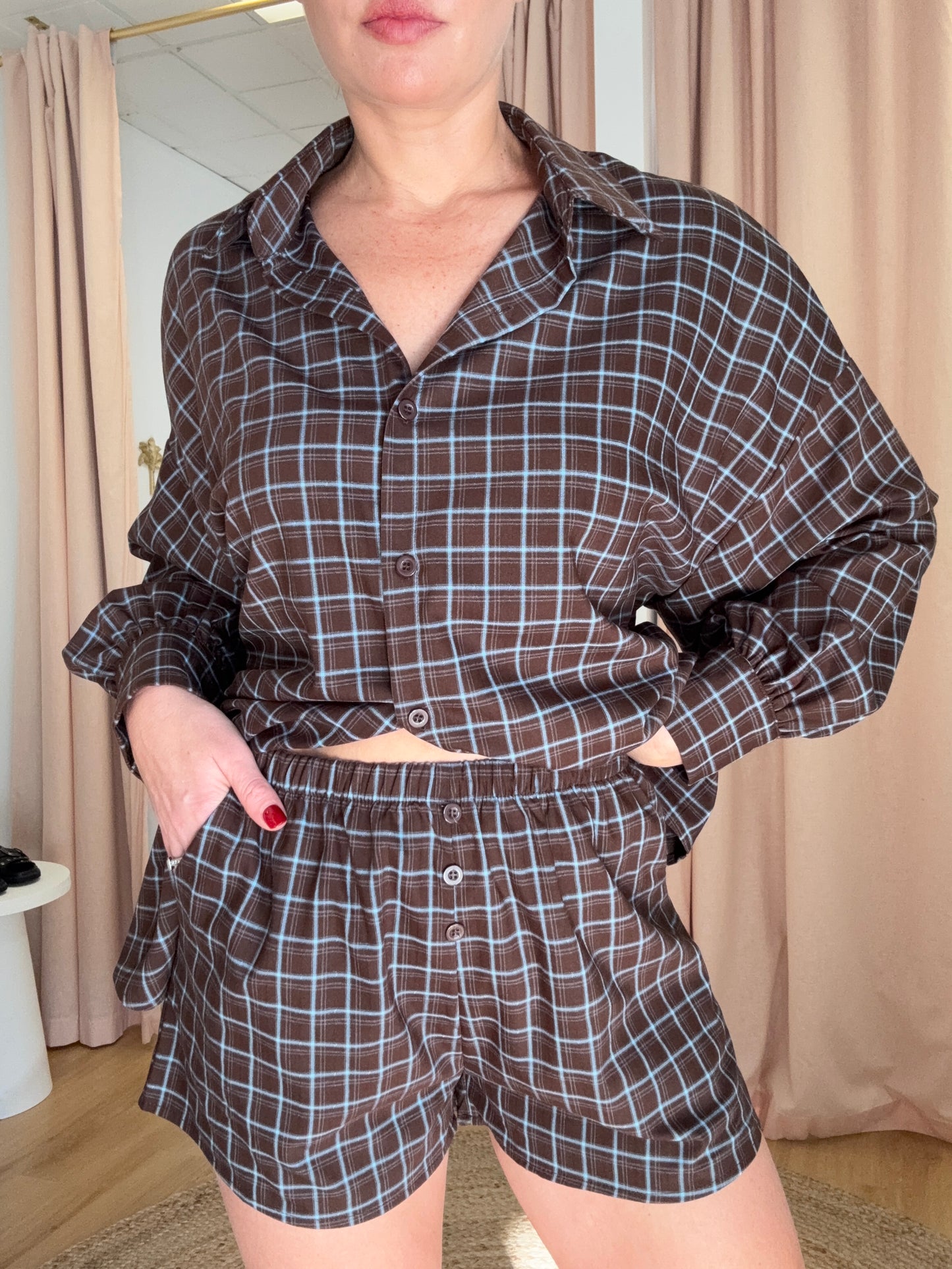 By Frankie/ Lottie Tie Shirt Set- Chocolate/ Blue
