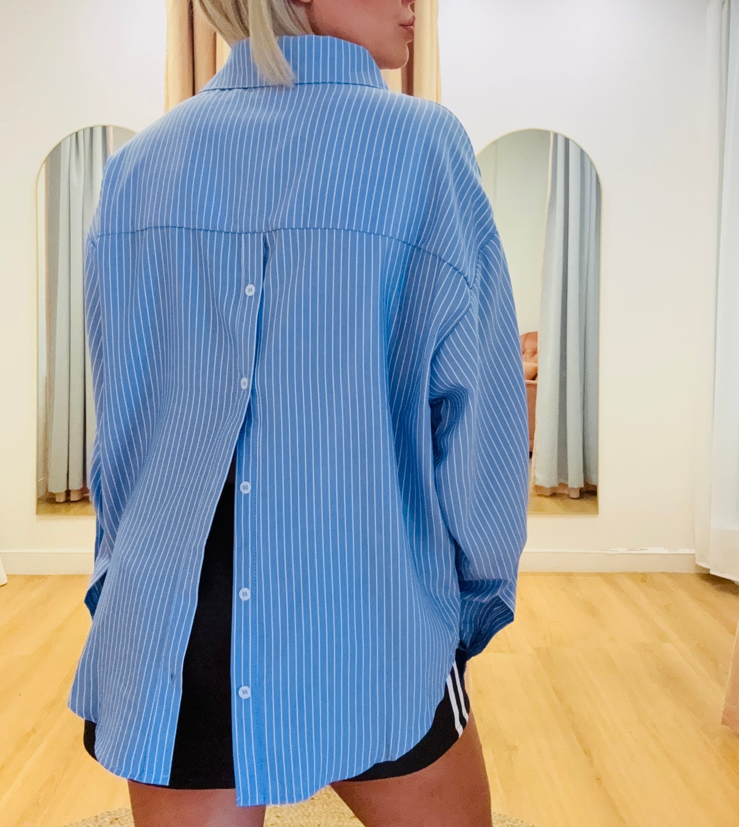 Alice Pinstriped Button Detail Shirt- Sky Blue