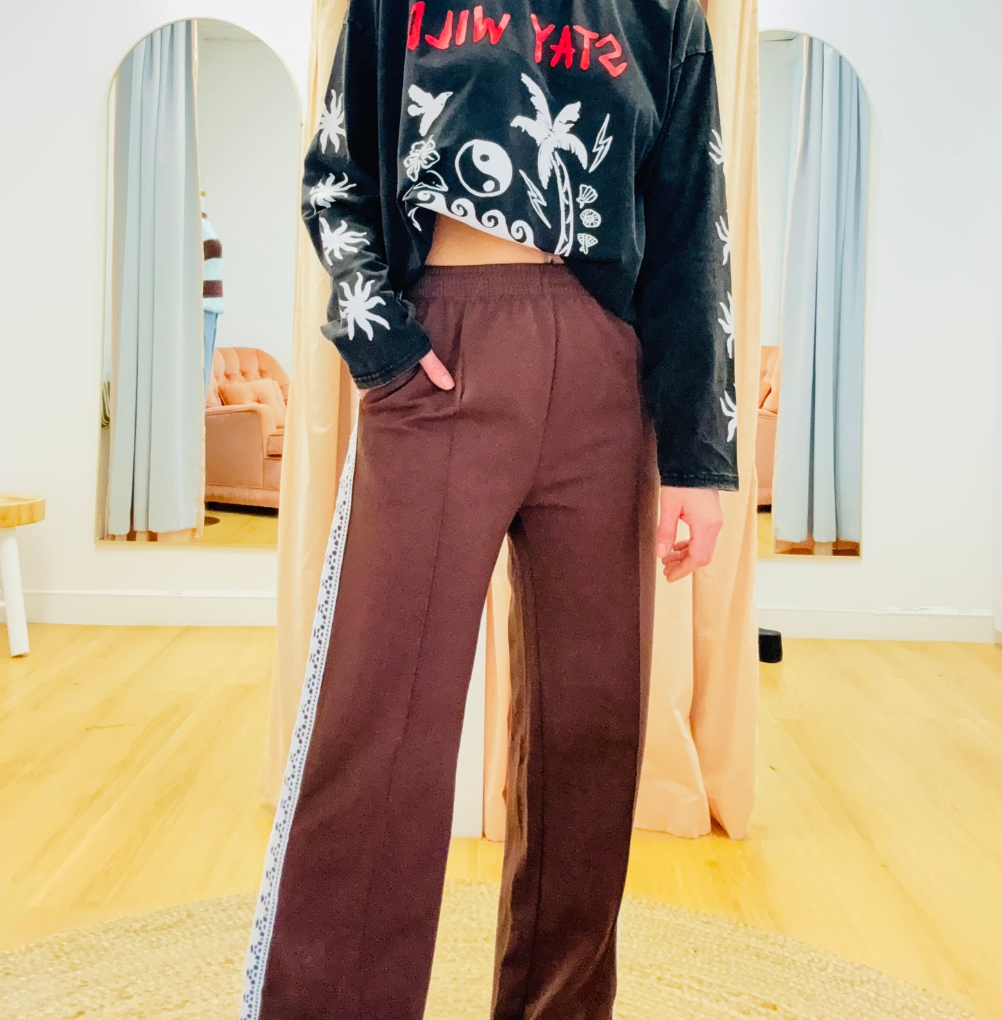 By Frankie/ Pleated Racer Pant- Chocolate / White lace Racer