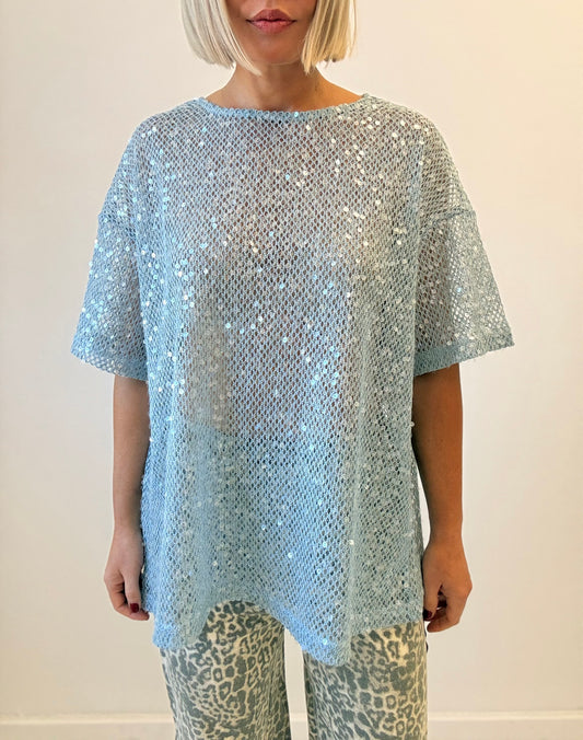By Frankie/ Sequin Oversized Tee- Dusty Blue