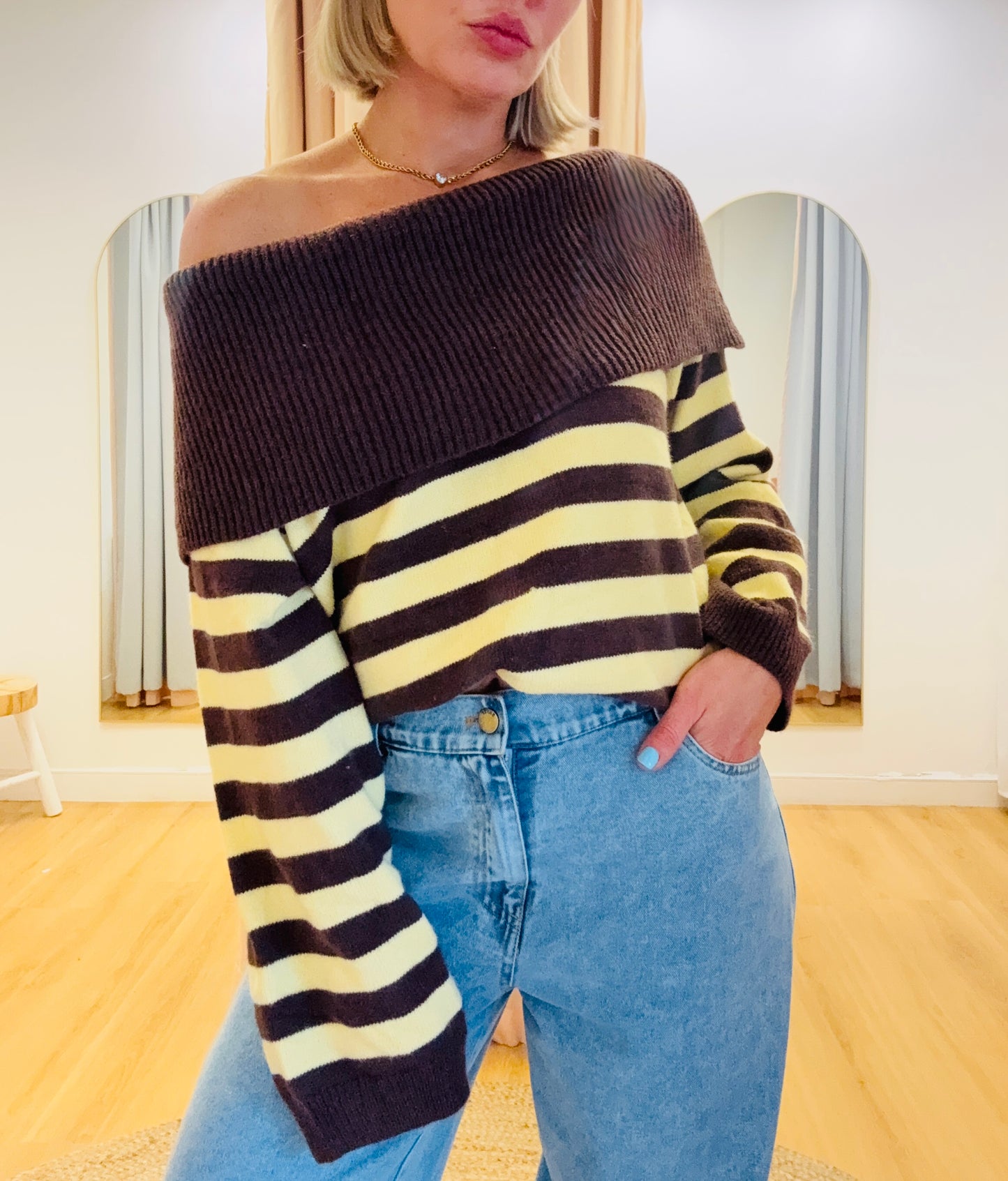 By Frankie/ Off Shoulder Knit- Yellow/Choc