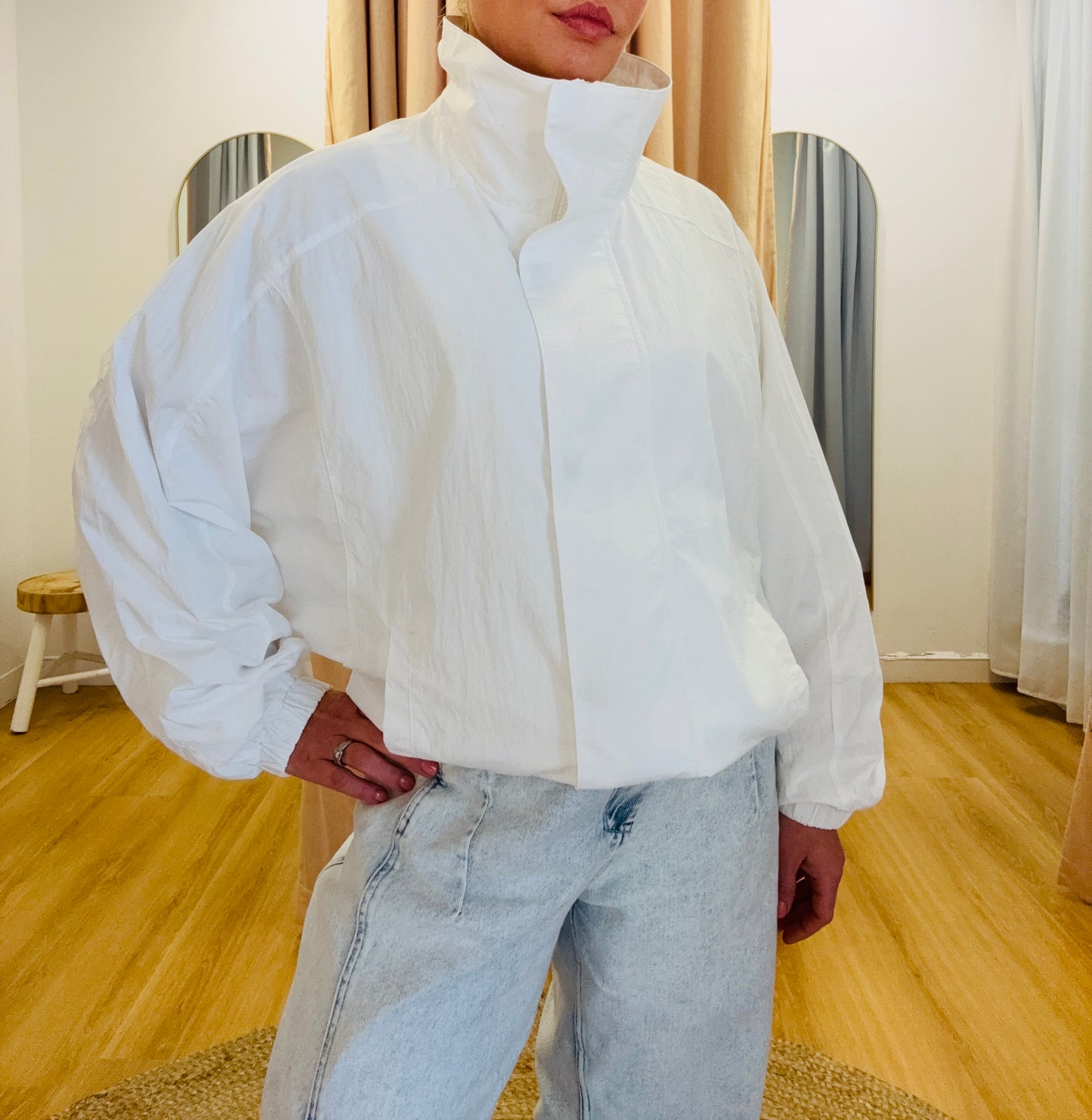 Bowie Funnel Neck Windbreaker Jacket- White