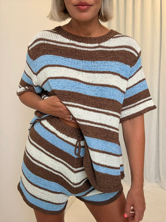 By Frankie/ Knit Set - Sky Blue/ Mocha Stripe