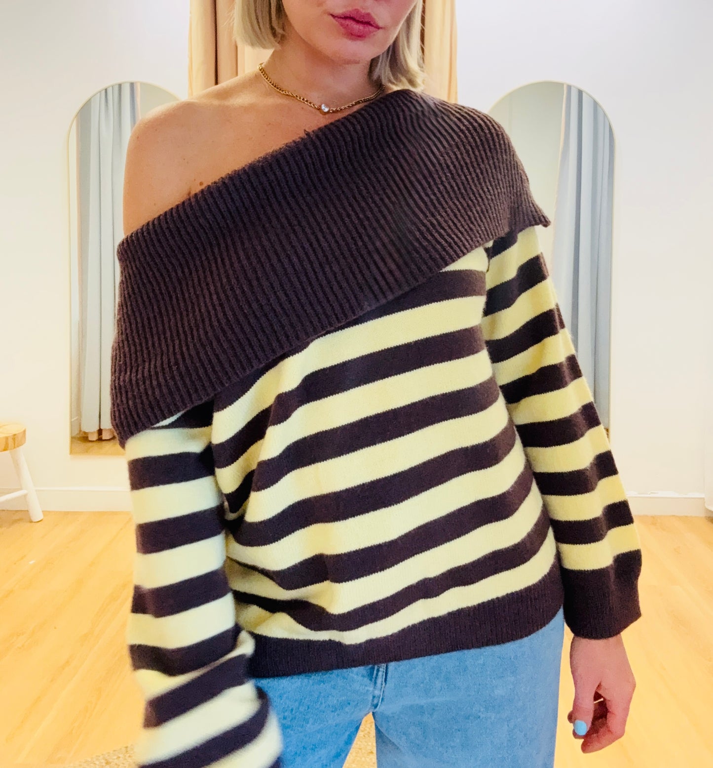 By Frankie/ Off Shoulder Knit- Yellow/Choc