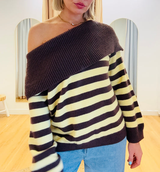 By Frankie/ Off Shoulder Knit- Yellow/Choc