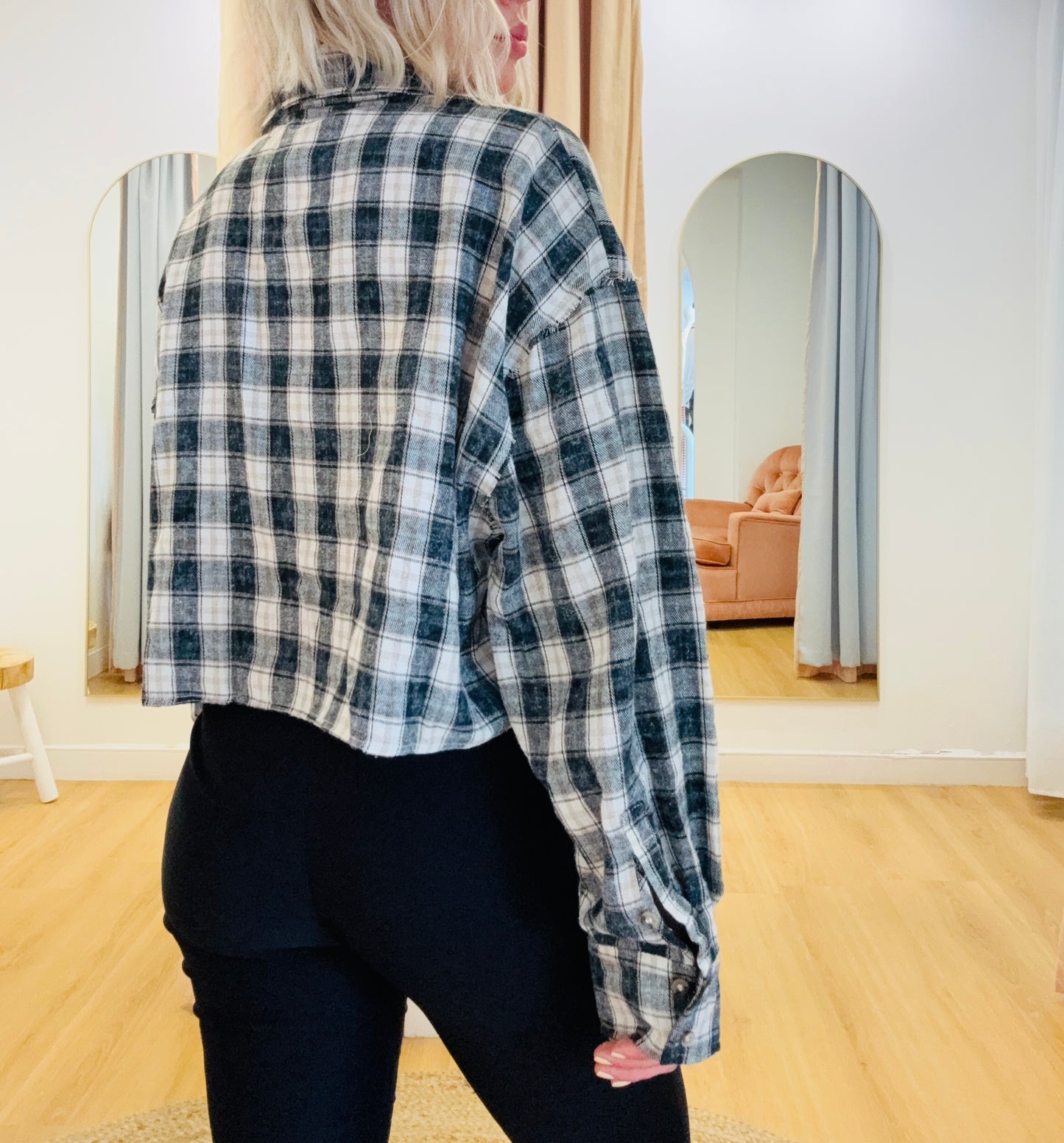 Stevie Plaid Crop Shirt- Navy/ Beige