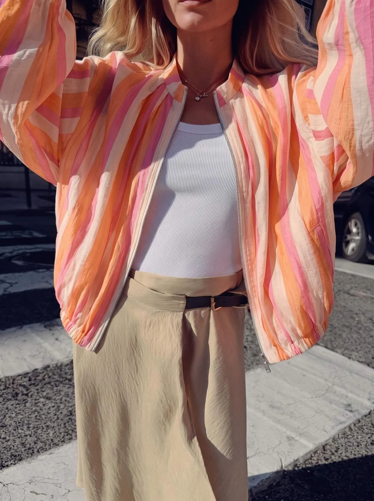 Tropical Stripe balloon Hem Bomber