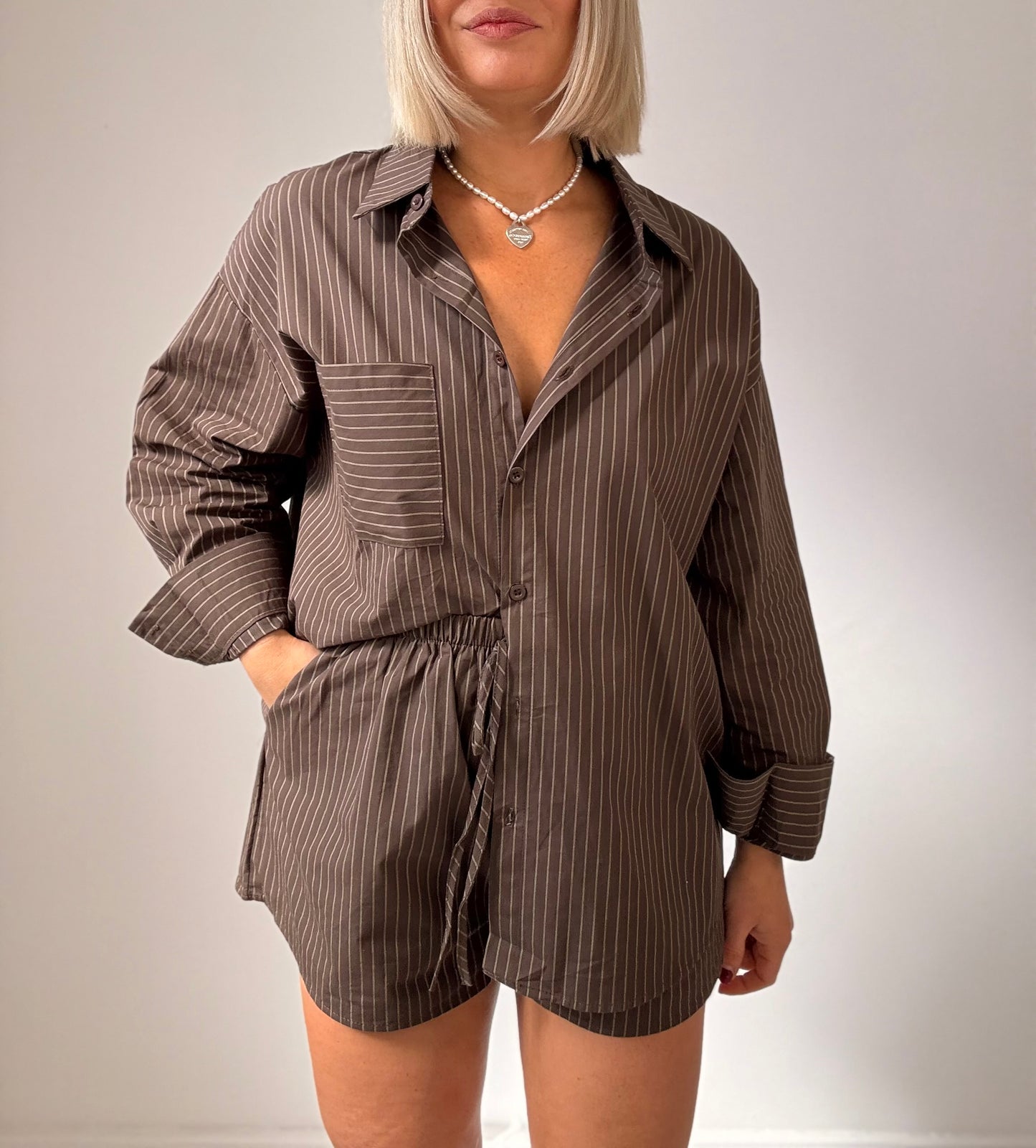 Amara stripe short set- choc/pinstripe