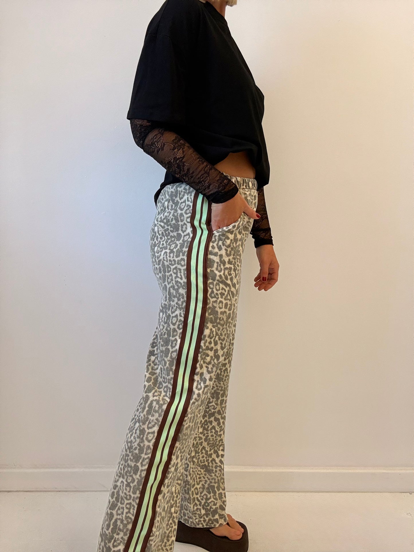 By Frankie / Denim Leopard Racer Pant- Lime/Choc
