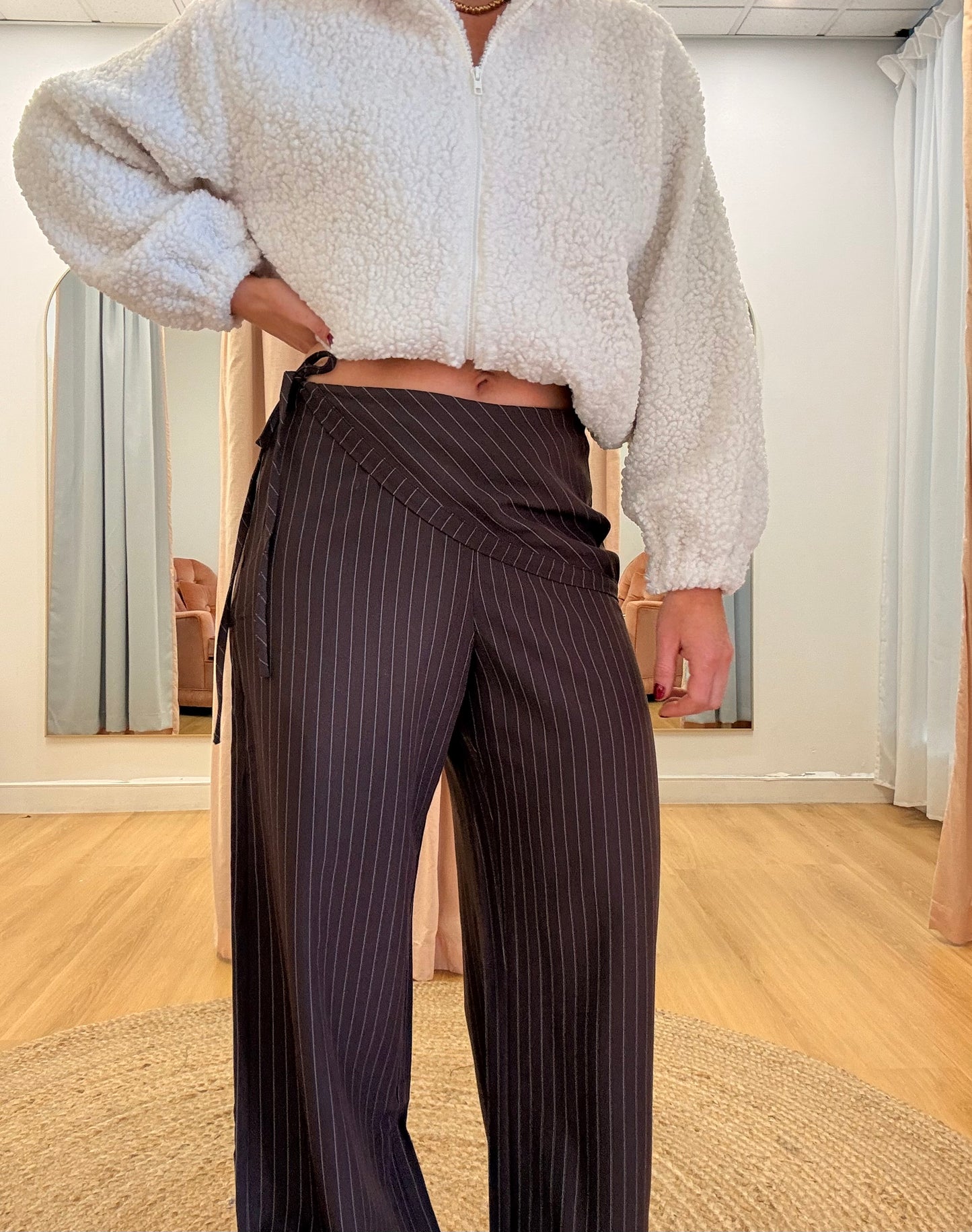 Eve Asymmetrical Pant- Chocolate Pinstripe