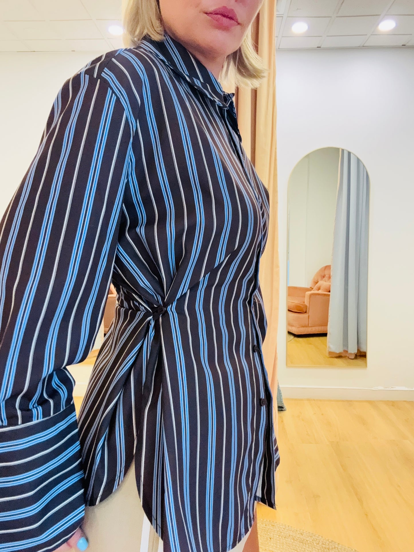 By Frankie/ Cinched Waist Detail Shirt - Chocolate/ Azure