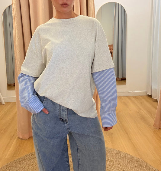 By Frankie/ Hallie Long sleeve- Grey/Blue Pinstriped